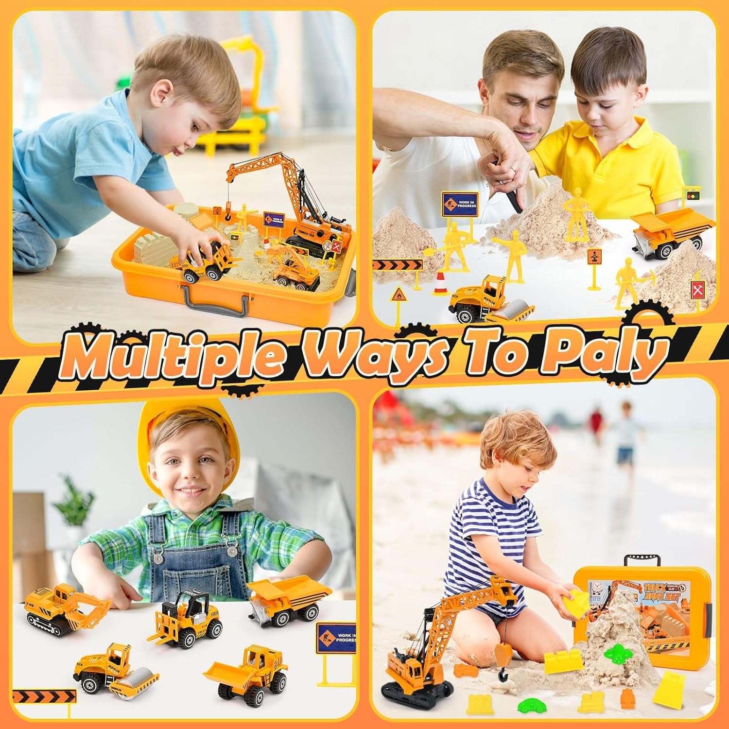 Sable Magique, Chantier de Construction Bac à Sable Magique avec 1000g Super Sand, Grue Jouet, 5 Mini Véhicules & 14 Moules de Sable, Jouets Sensoriels Jouets de Sable Cadeau pour Enfant Garçon Fille