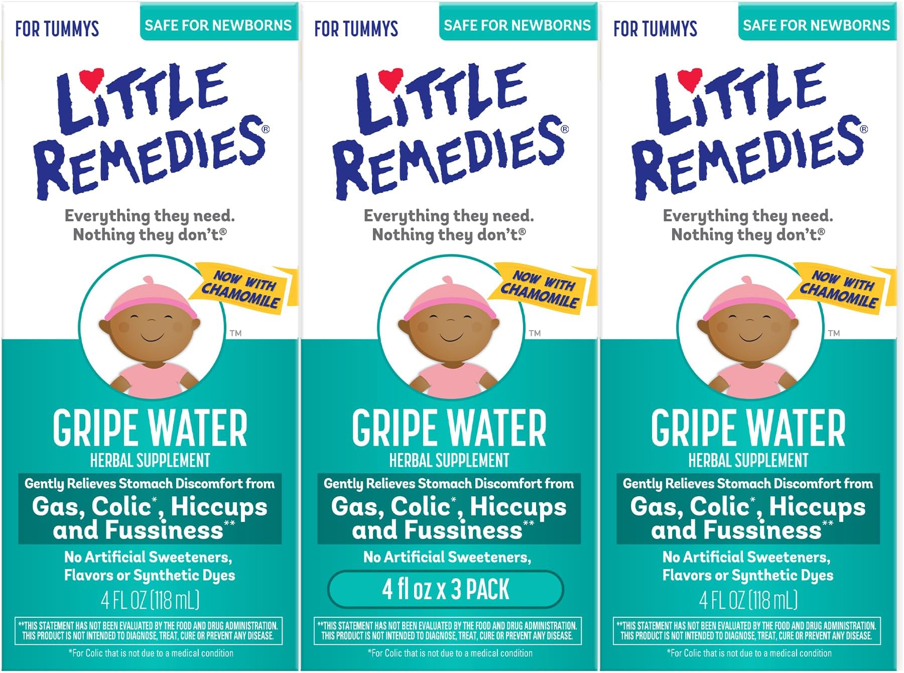 Gripe Water for Babies, With Chamomile, for Baby Gas Relief, No Alcohol or Artificial Dyes, 4 Fl Oz, Pack of 3