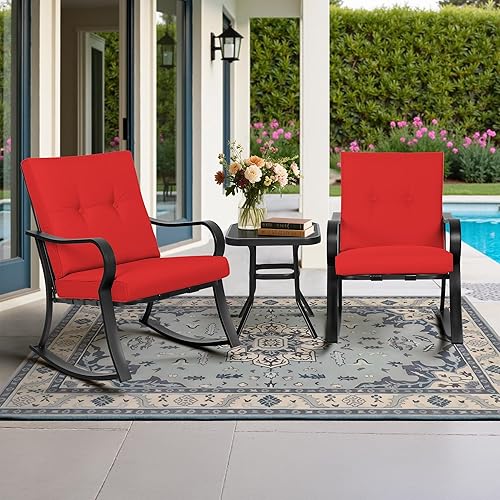 Miniatura 7 de SUNCROWN Mecedoras para exteriores juego de 3 piezas de bistró para patio muebles de acero negro con cojín grueso y mesa de centro con tapa de