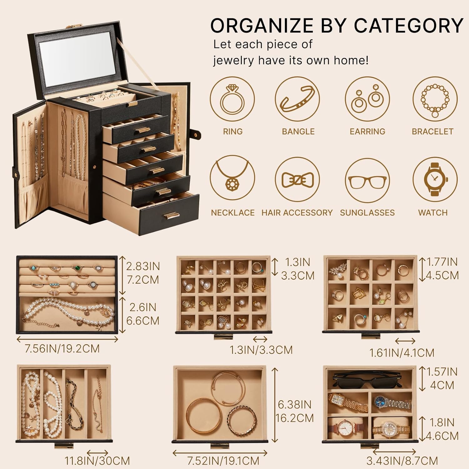 Large Leather Jewelry Box Organizer 6 layer Jewelry Storage Case for Women Girls Ring Necklace Earring Bracelet Holder with Mirror Gift(Black)