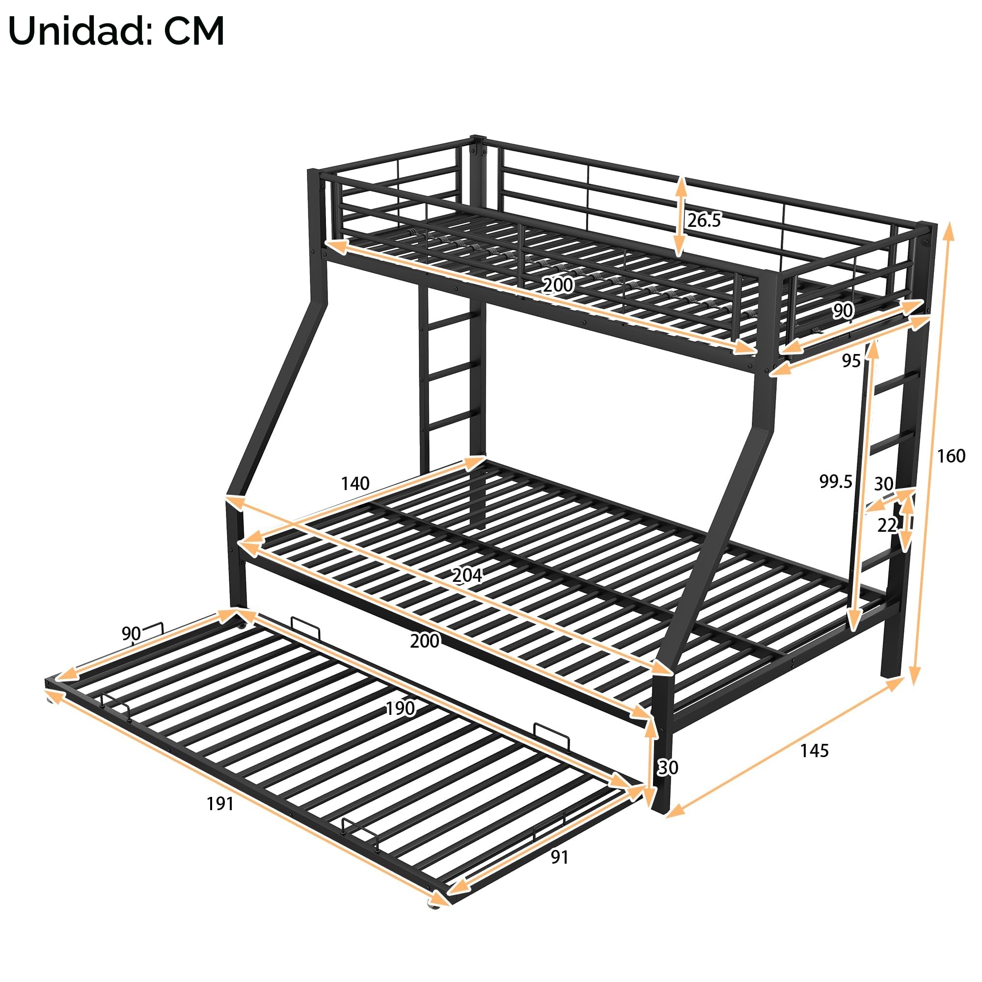 Idemon Litera, Cama de Metal con Cama Nido, con Escalera a Ambos Lados para niños, jóvenes, Adultos, fácil de Montar, 90(140) x200cm (Negro)