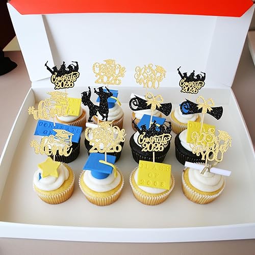 Miniatura 7 de Gyufise 24 piezas 2025 temáticas de graduación 2025 decoraciones para cupcakes con purpurina para diploma de graduación, selecciones de cupcakes