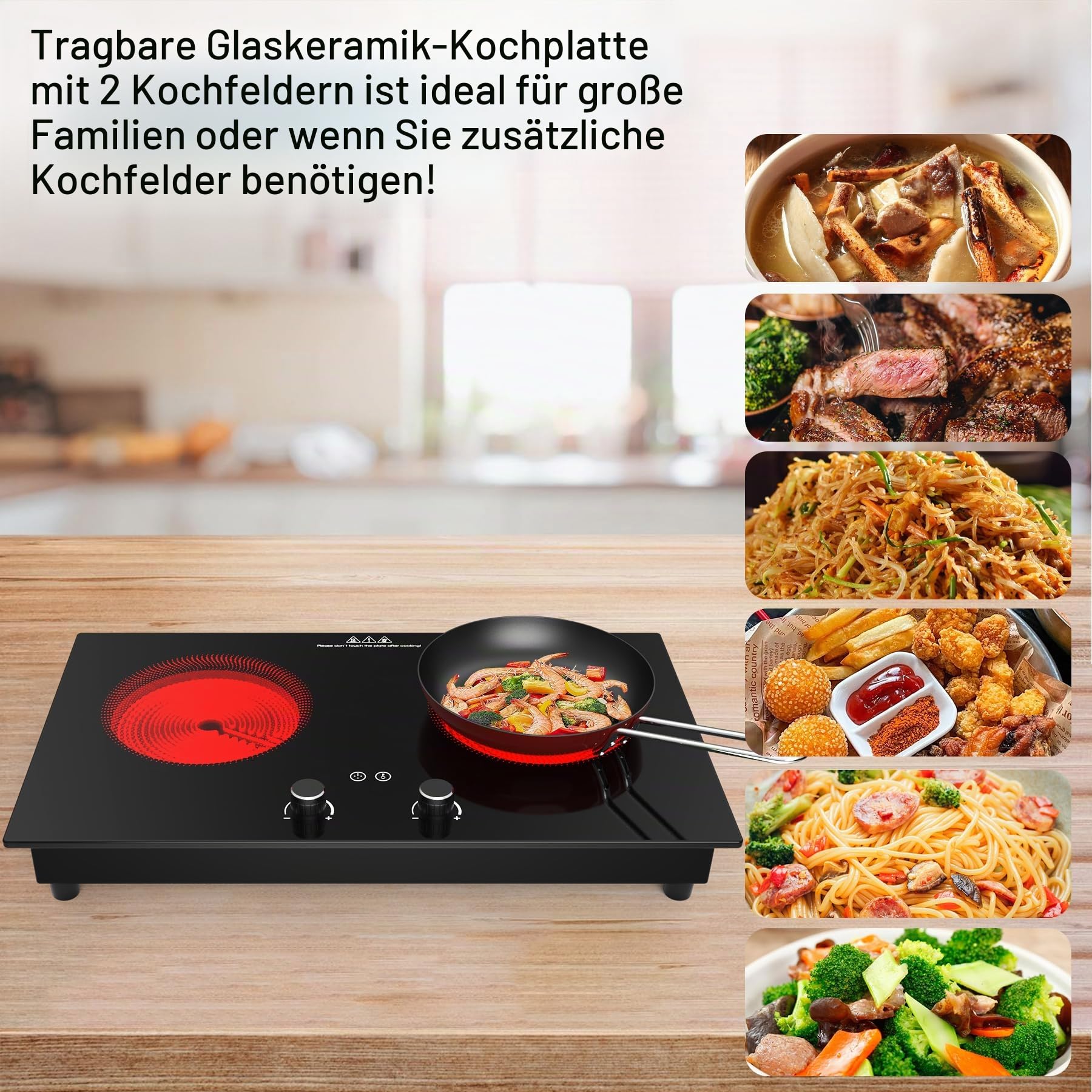 VBGK Elektroherd, 3600 W Glaskeramikkochfeld 2 Platten, Arbeitsplatte und integrierte Kochplatte mit Kindersicherung, Timer, LED-Touch-Knopfsteuerung, Überhitzungsschutz