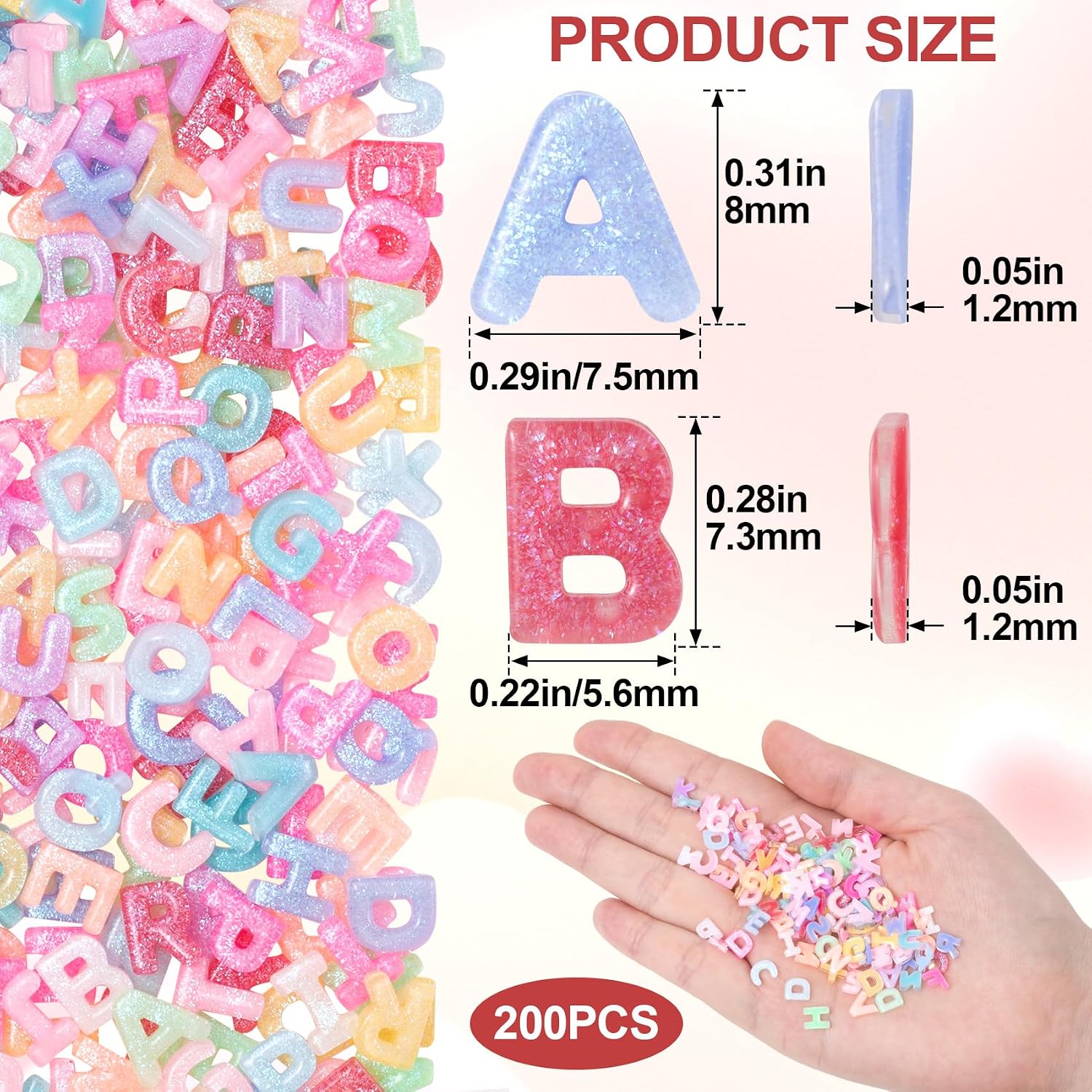 200pcs Letter Nail Art Charm, Colorful Resin Alphabet Nail Rhinestones Decoration with Glitte, Cute Flatback Initial Letter Capital Alphabet for Manicure, DIY, Decoration - Mixed Style