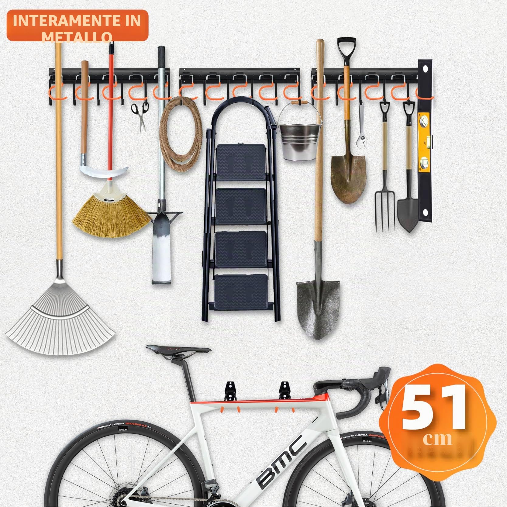 Sinoer 51 "tutto in metallo per garage/attrezzi da giardino, organizer da parete per garage e stoccaggio con piccoli ganci per garage a U per garage, bicicletta, scala, bicicletta, (3Rails)