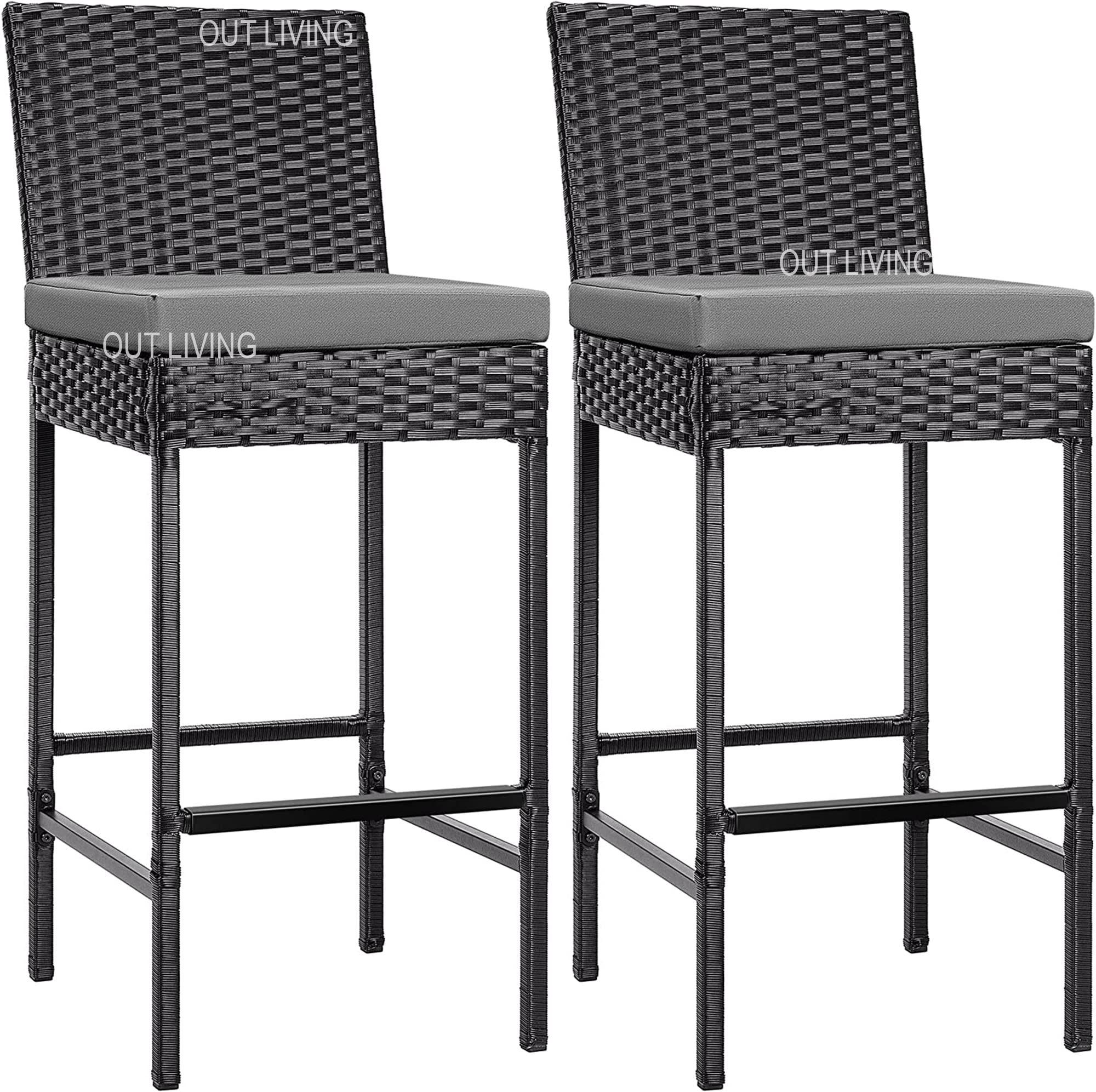 OUTLIVING Rattan Wicker Outdoor High Bar Chair with Cushion Set of 2 for Garden Balcony Bar Stool Set Lawn and Poolside & Kitchen-(Black)