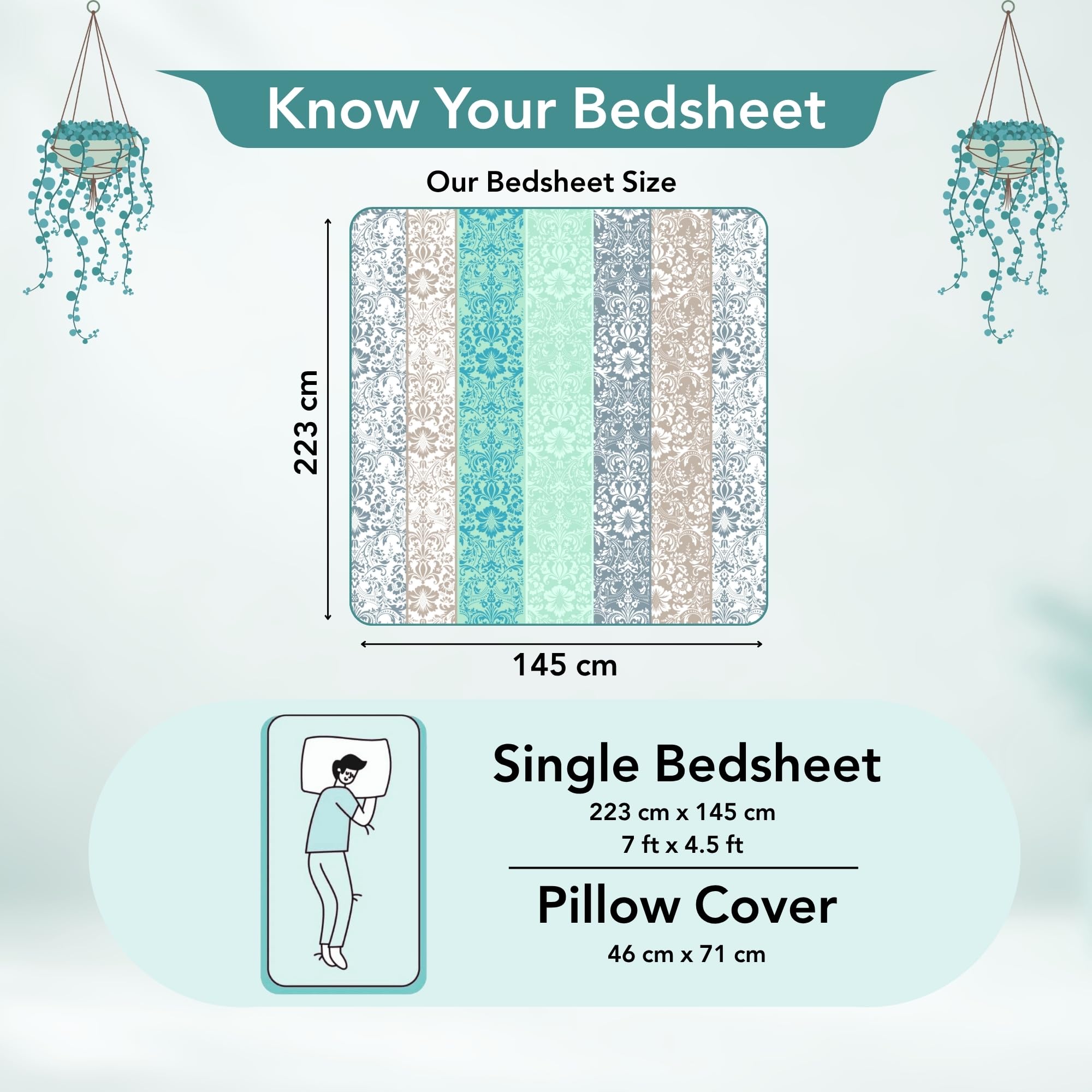 Divine Casa 144 TC 100% Cotton Single Bedsheet with 1 Pillow Cover | Soft Breathable Wrinkle Free Bed Sheet Set | Printed Bedding for Bedroom | 145 x 223 cm (Cream & Sky Blue, Floral) 4