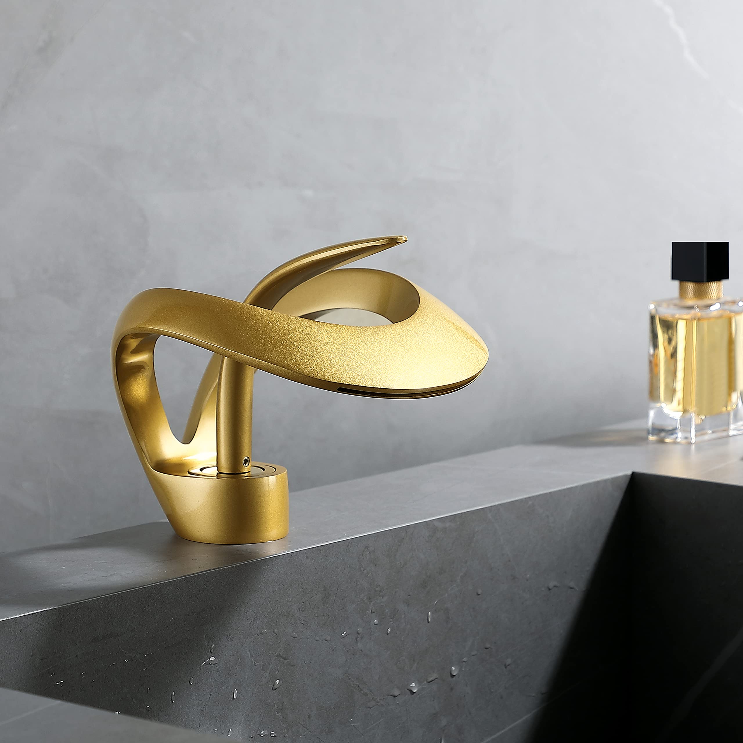 HiMyLEN Brushed Gold Waterfall Bathroom Faucet Single Handle Modern Bathroom Sink Faucet in Solid Brass Unique Design