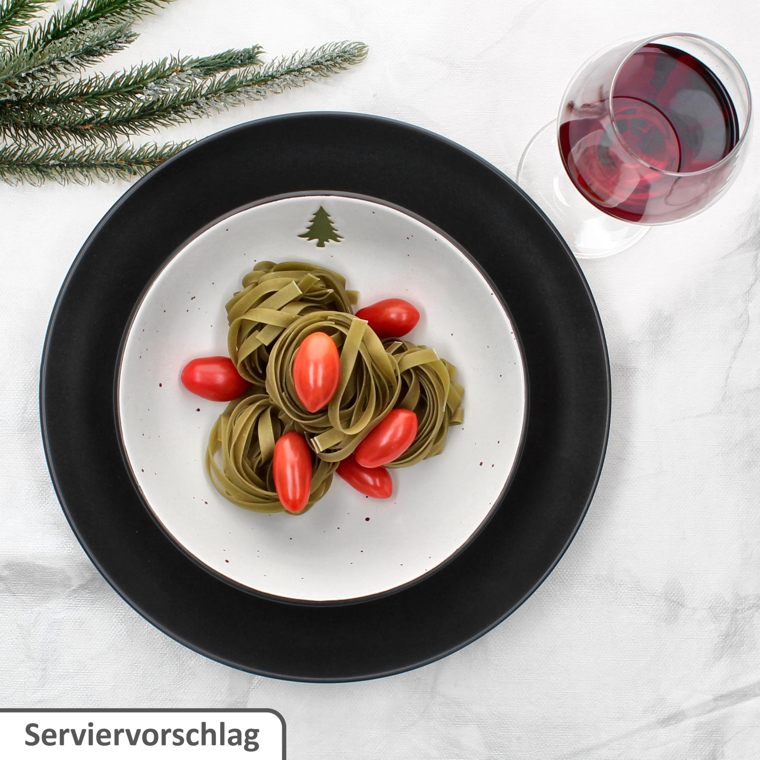 18tlg Tellerset Christmas Panther I Geschirr-Set aus Steingut I Creme mit Tanne & matt schwarzer Unterseite I je 6x Kuchenteller, 6x Suppenteller & 6x Speiseteller I Weihnachten