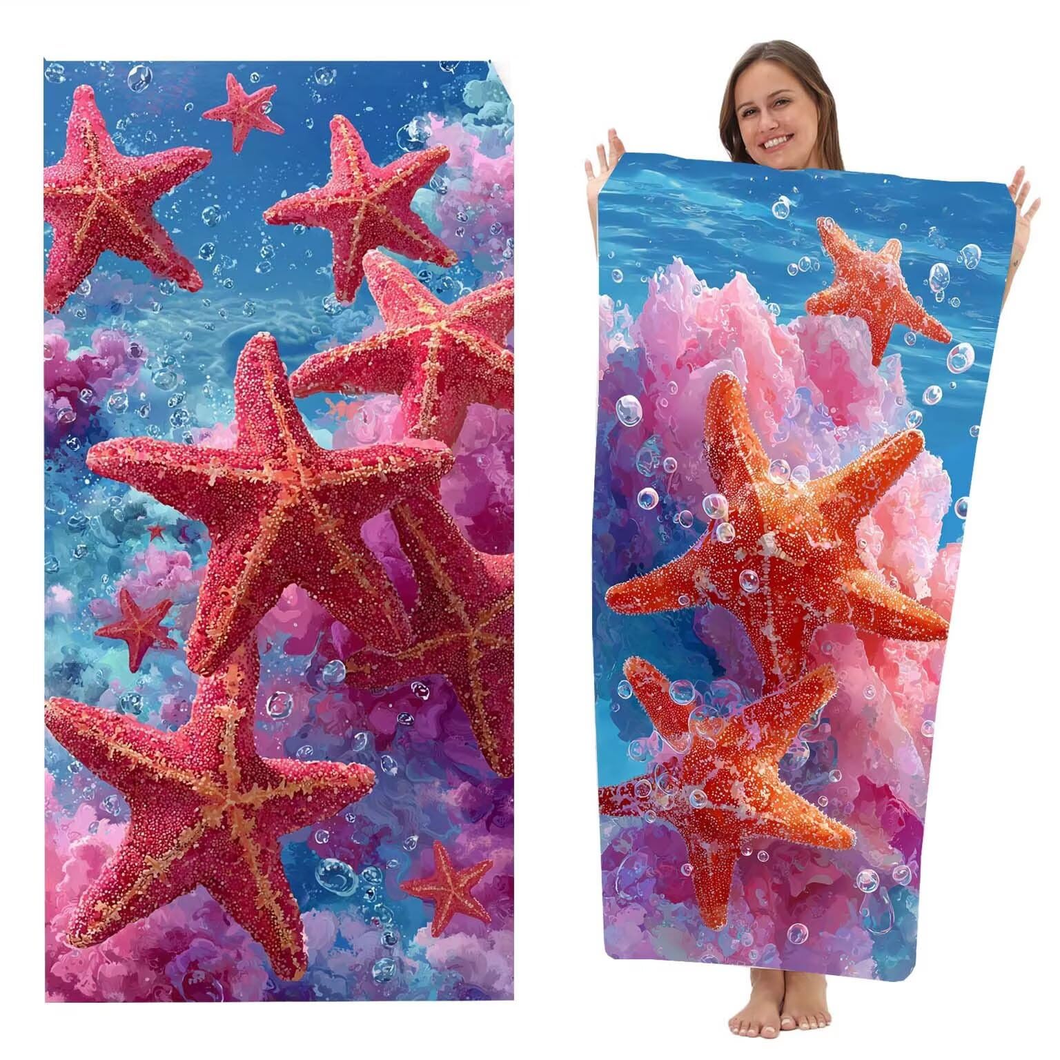 Toalla Playa grande XXL 90x200 cm, Toalla Microfibra de Secado RáPido, Absorbente, Ultrasuave y Compacta, Toalla de Sin Arena, Manta de Playa Muje Gimnasio, Pack de 2 (Estrella De Mar Naranja) z-4444