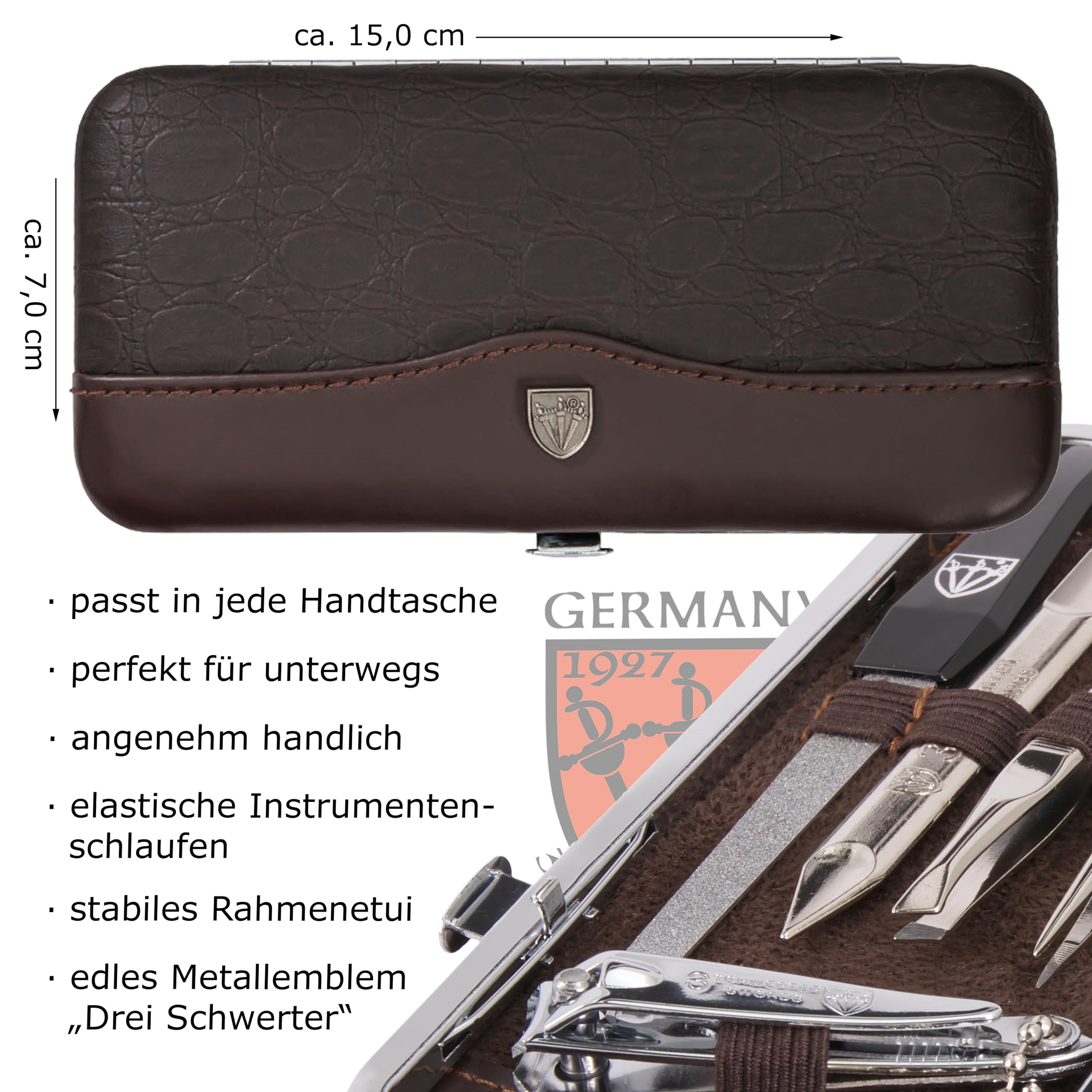DREI SCHWERTER - Germany 7-tlg. Maniküreset 'Pistoia' | Maniküre Set Nagelset im Kunstlederetui kroko braun | Inhalt: Nagelschere, Hautschere, Nagelknipser, Pinzetten, Saphirnagelfeile uvm