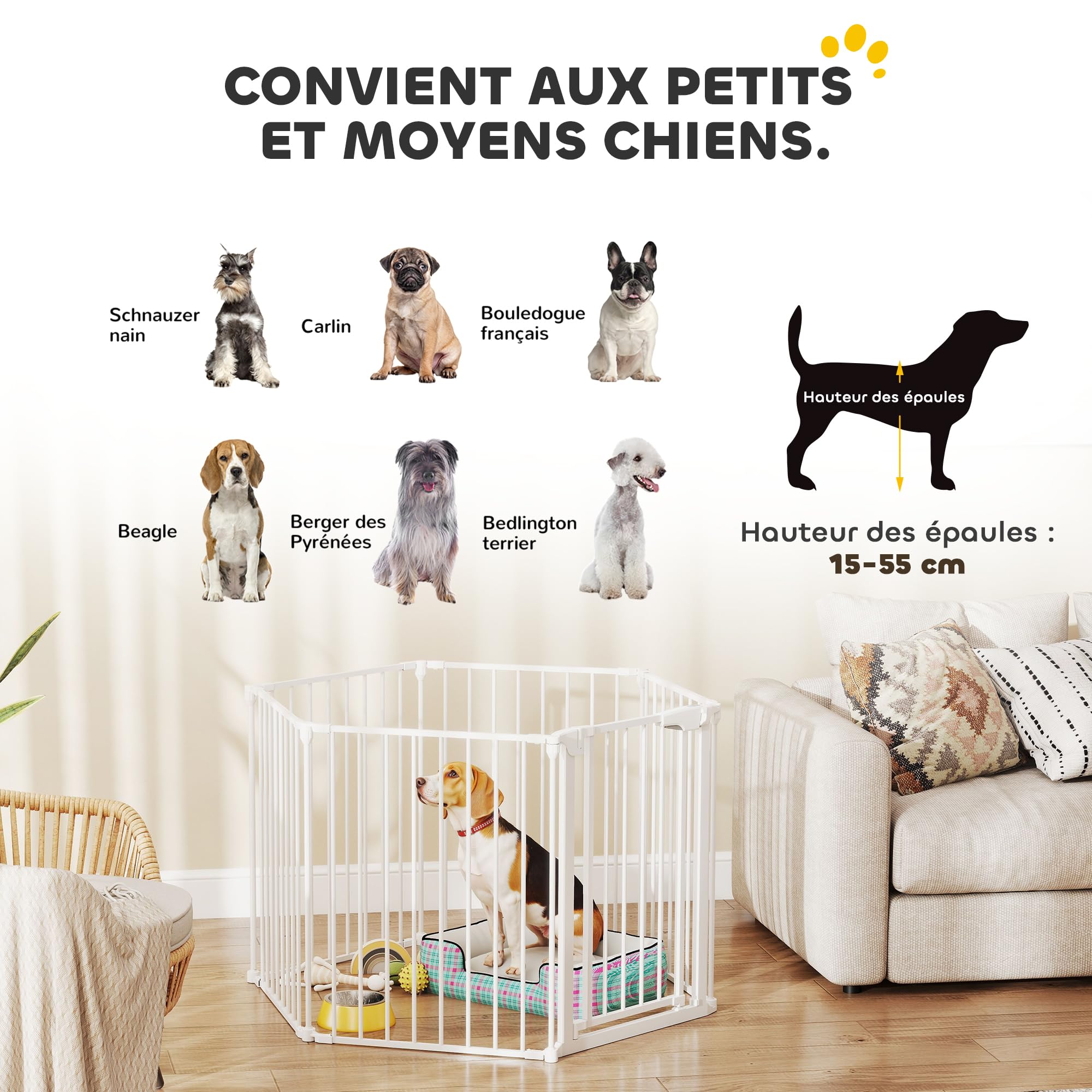 PawHut Barrière de sécurité Pliable et modulable, 366 cm, avec Porte à Double Verrouillage, Parc enclos pour Chien et Enfant, barrière de Protection cheminée en métal, 6 Panneaux, Blanc
