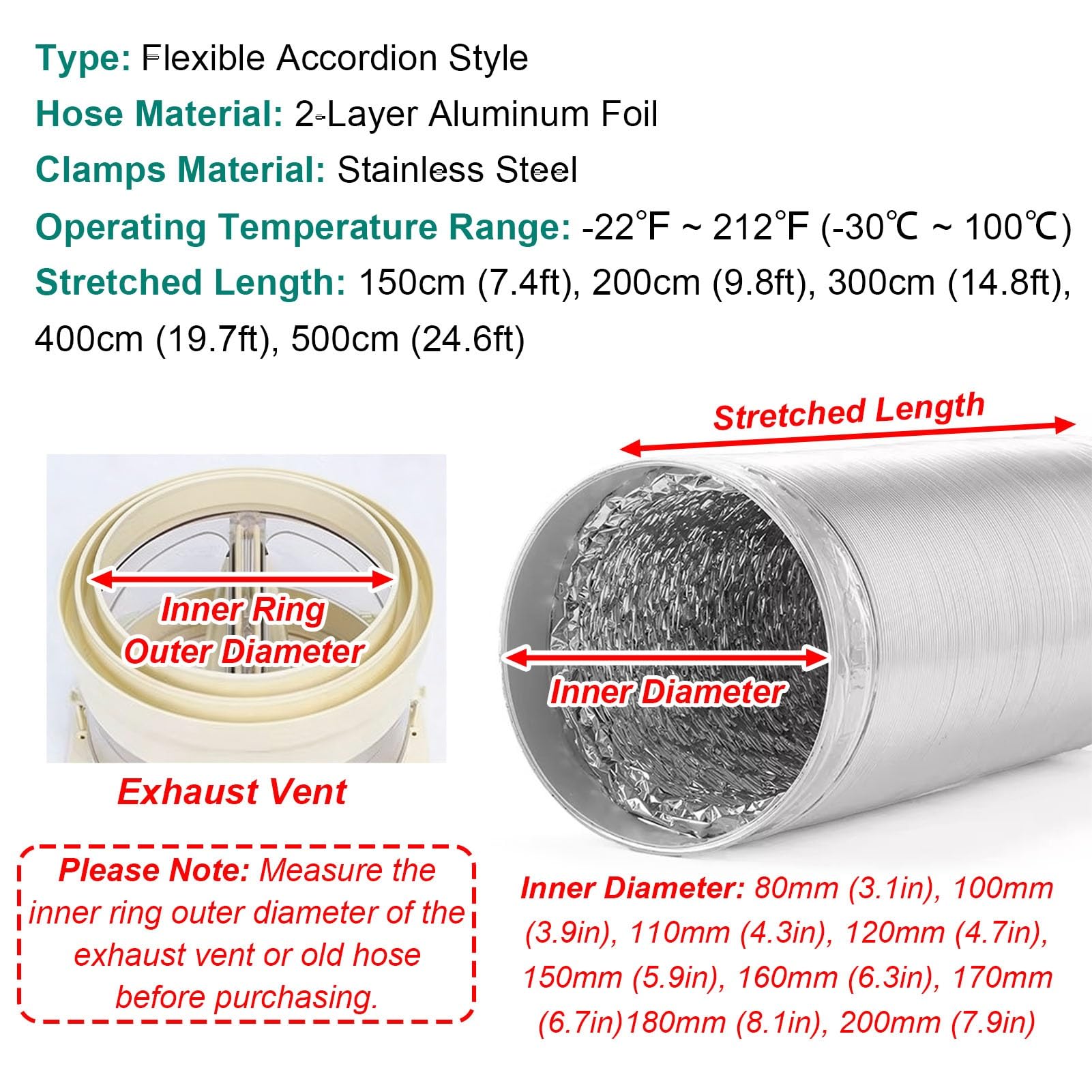 Vibeo Tubo Cappa Tubo di Ventilazione in Alluminio per Asciugatrice, Condotto Flessibile per Impianti di Climatizzazione, Tubo di Aspirazione per Cappa da Cucina(17cm(6.7in),L 150cm(4.9ft))