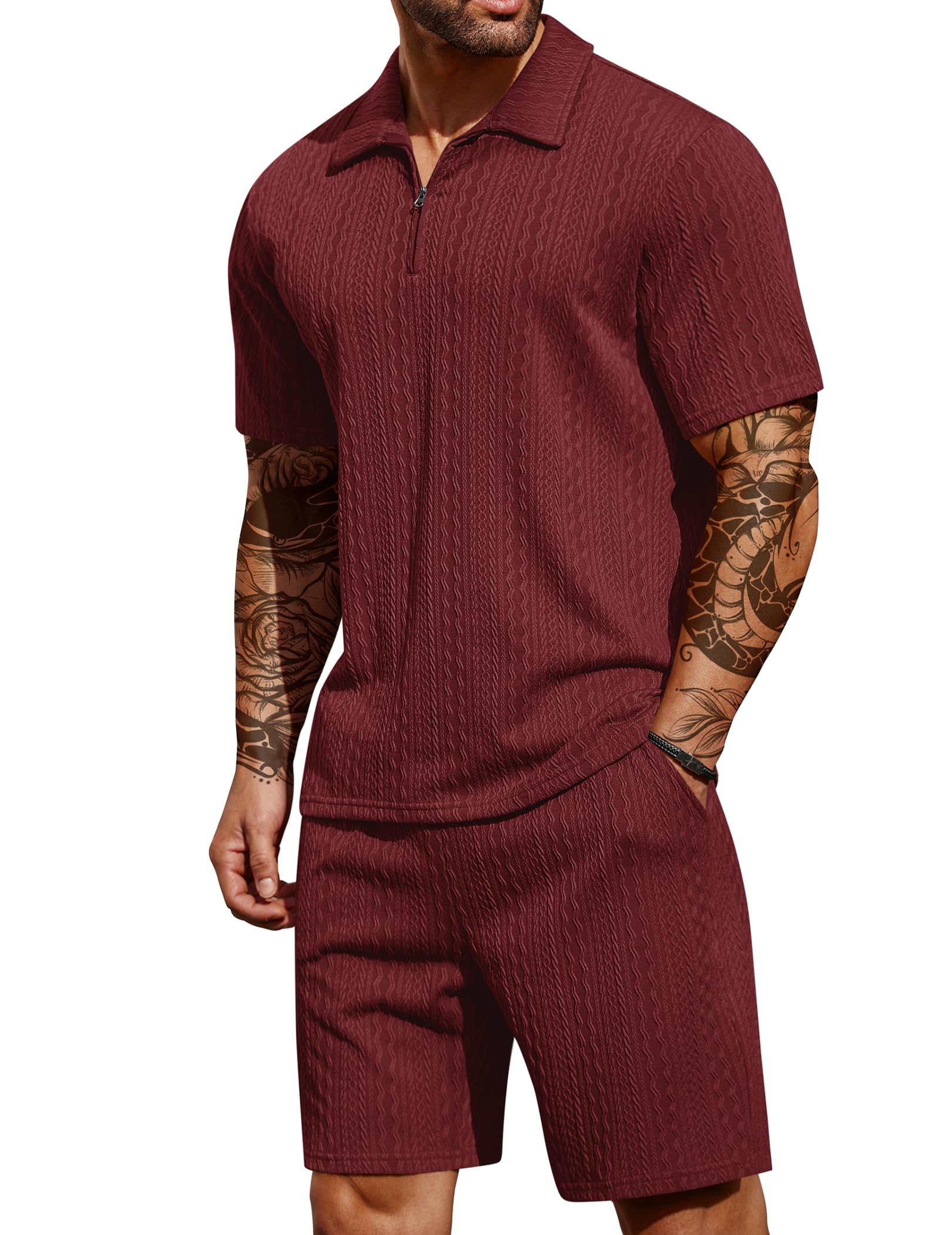 COOFANDY 2-Piece Outfits Quarter Zip Polo and Shorts Set