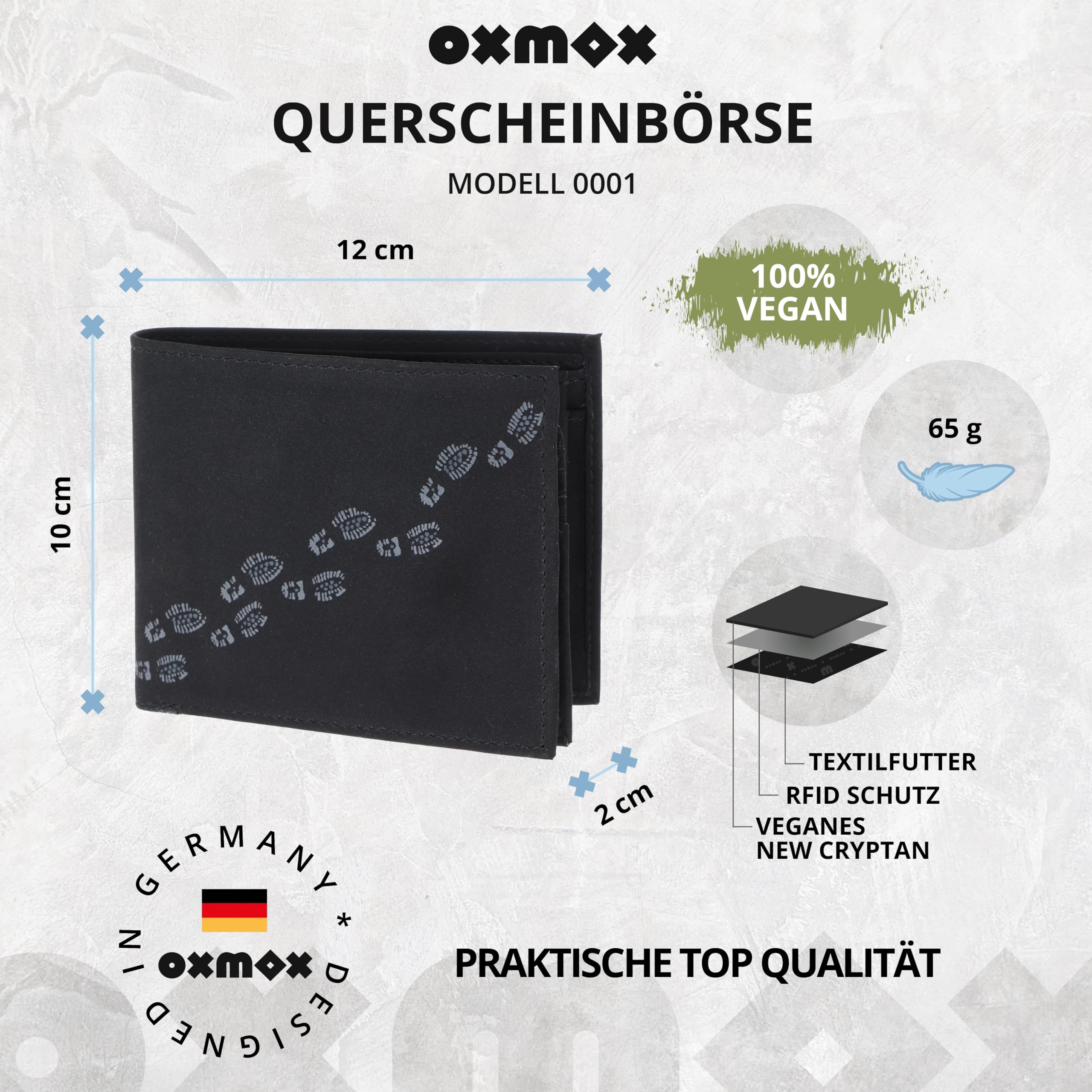 Oxmox Monedero New Cryptan RFID Protect Querscheinbörse Footsteps Print Grey Black Negro