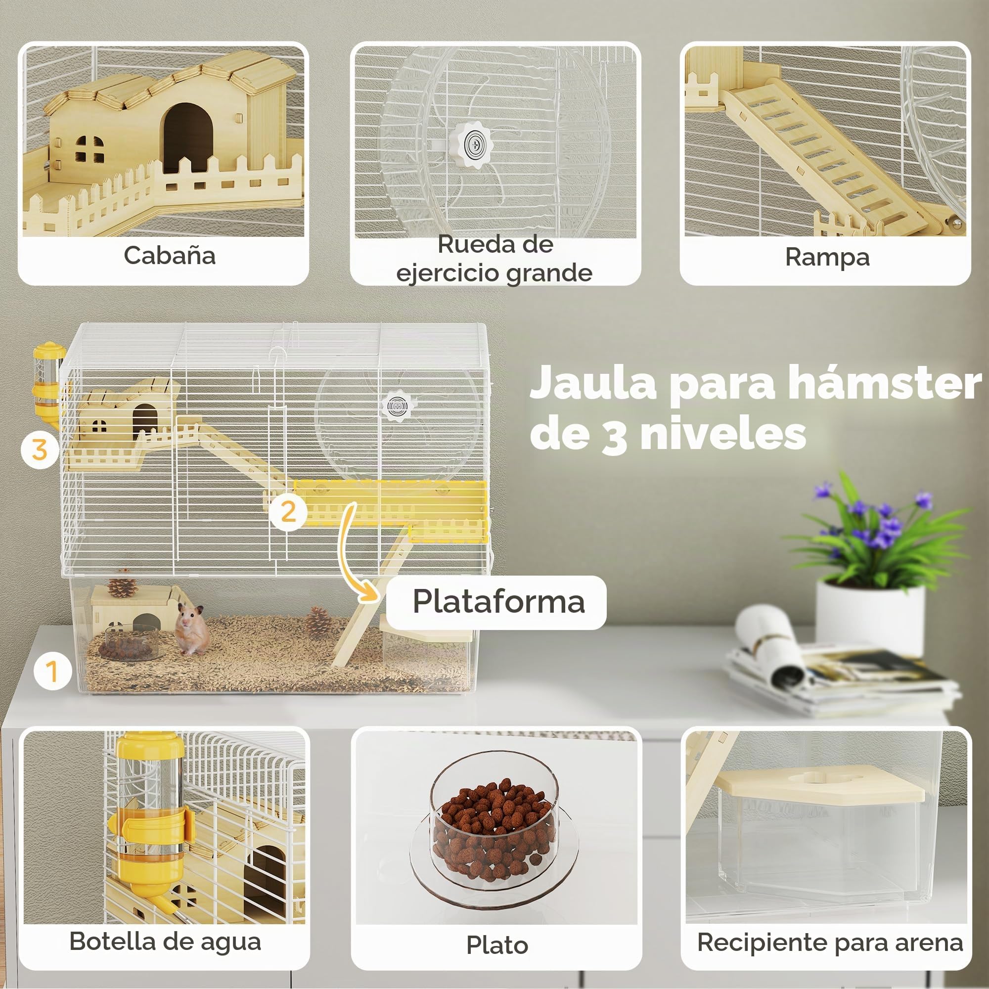PawHut - Jaula para hámster de 3 Niveles, Jaula para roedores con Rueda de Ejercicio, Bandeja Profunda Transparente, Casitas, rampas, Botella de Agua, comedero, arenero, 59 x 35,5 x 47 cm, Color