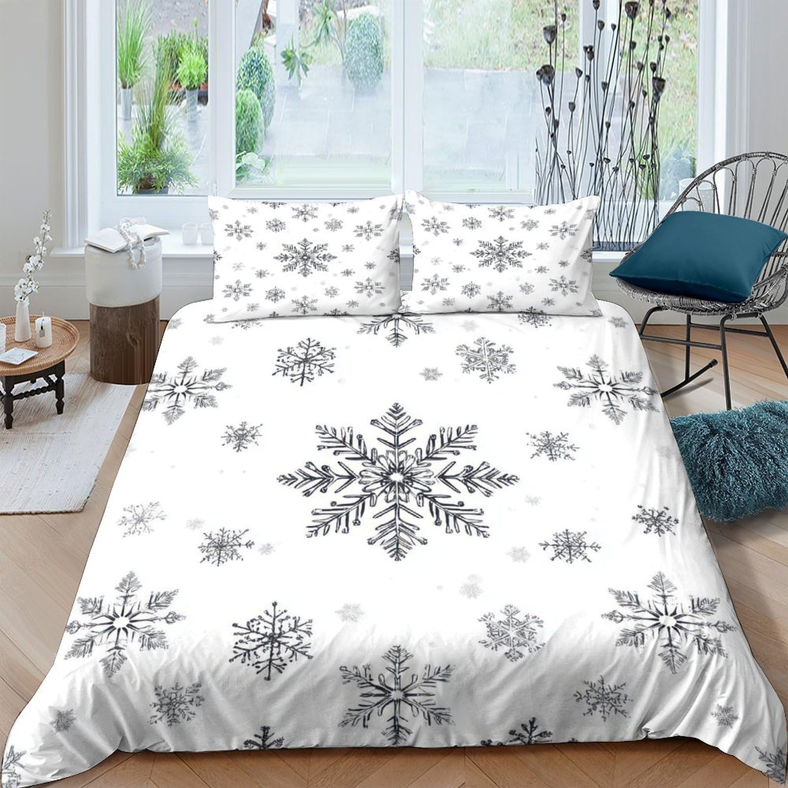 GPLZQXKJNH 3D Printed Snowflake Pattern Duvet Cover Set Microfiber Soft Breathable Winter Decor Quilt Cover with 2 Pillowcases for Bedroom Single（135x200cm）