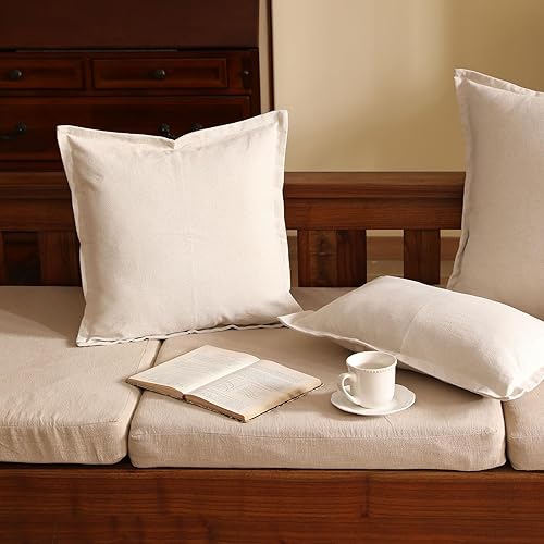 Miniatura 5 de Juego de 2 fundas de almohada decorativas de lino de 22 x 22 pulgadas, almohada de borde plegado, fundas de almohada de lino con volantes, funda de