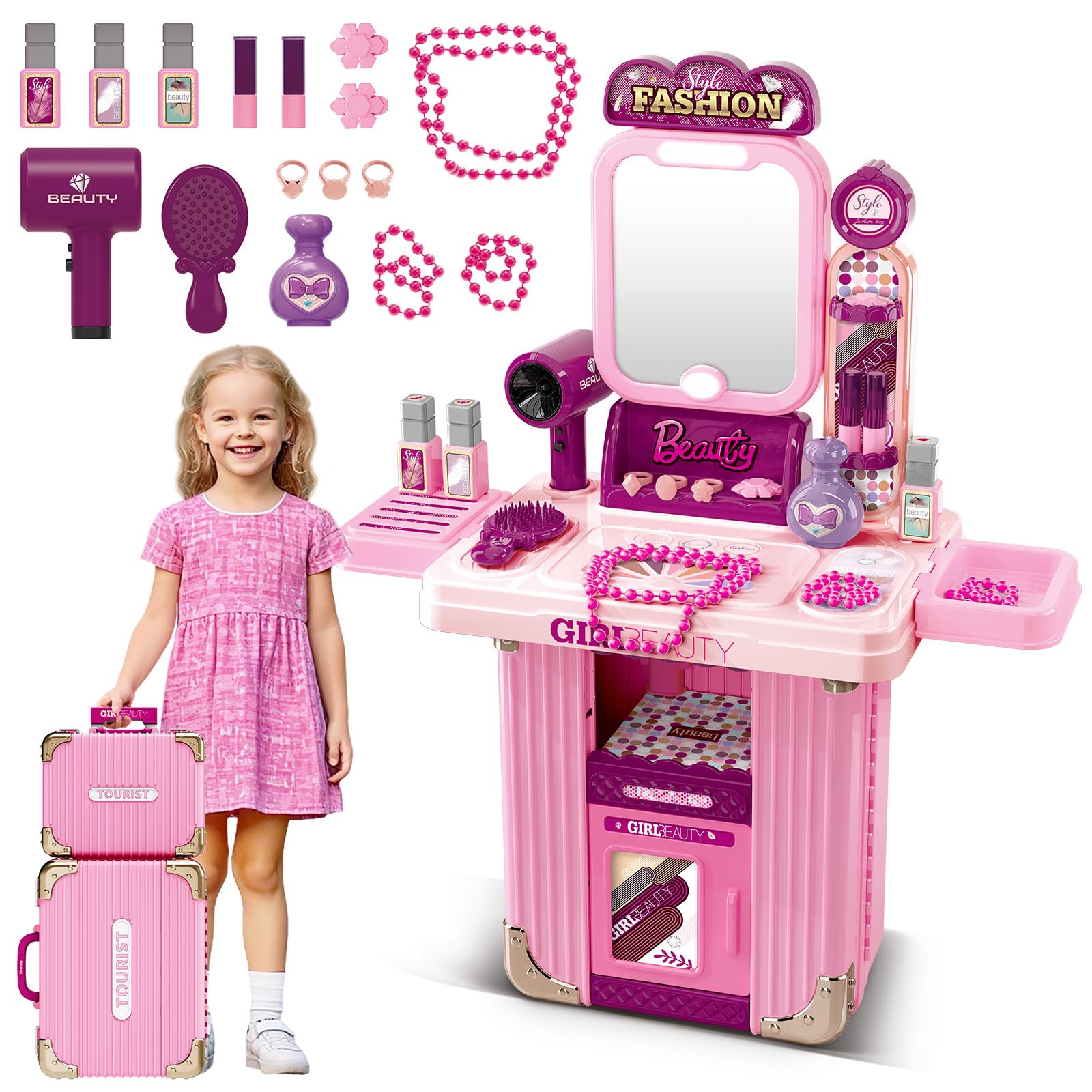 deAO Kids Makeup Dressing Table, Portable Vanity Set with Light and Music