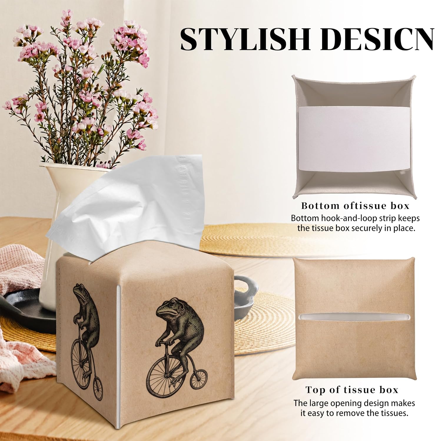 Grace Yonks Retro Tissue Box Cover Square - Frog on Penny-Farthing Design 5.2" PU Leather Holder for Vanity, Desk, or Bathroom Counter - Cube Case for Facial Tissues. (116)