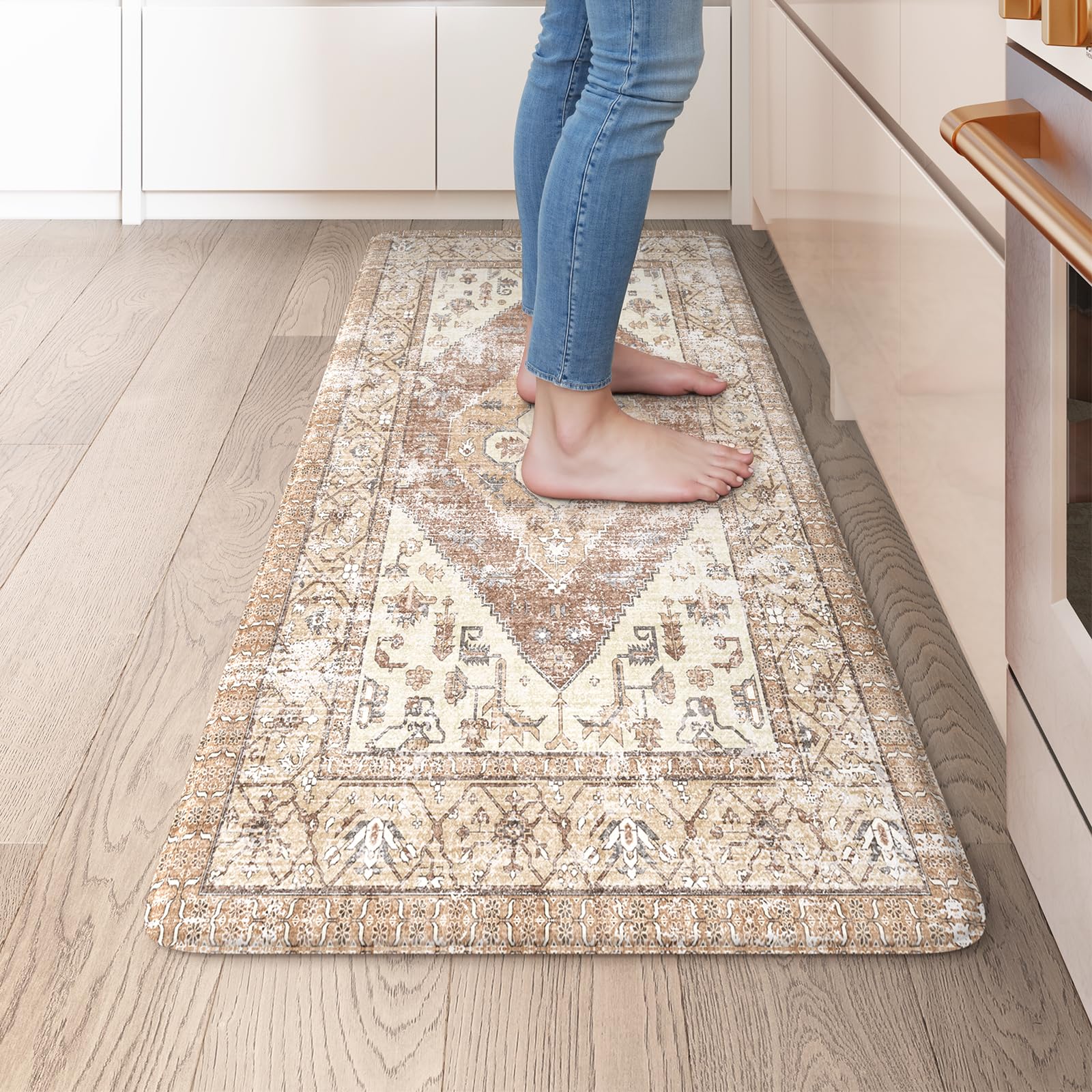 KIMODE Kitchen Mats Cushioned Anti Fatigue, 20"x39" Farmhouse Kitchen Rug, Non Slip Kitchen Mats for Floor, Padded Kitchen Floor Mats, Standing Desk Mat for Sink, Laundry, Desk Khaki