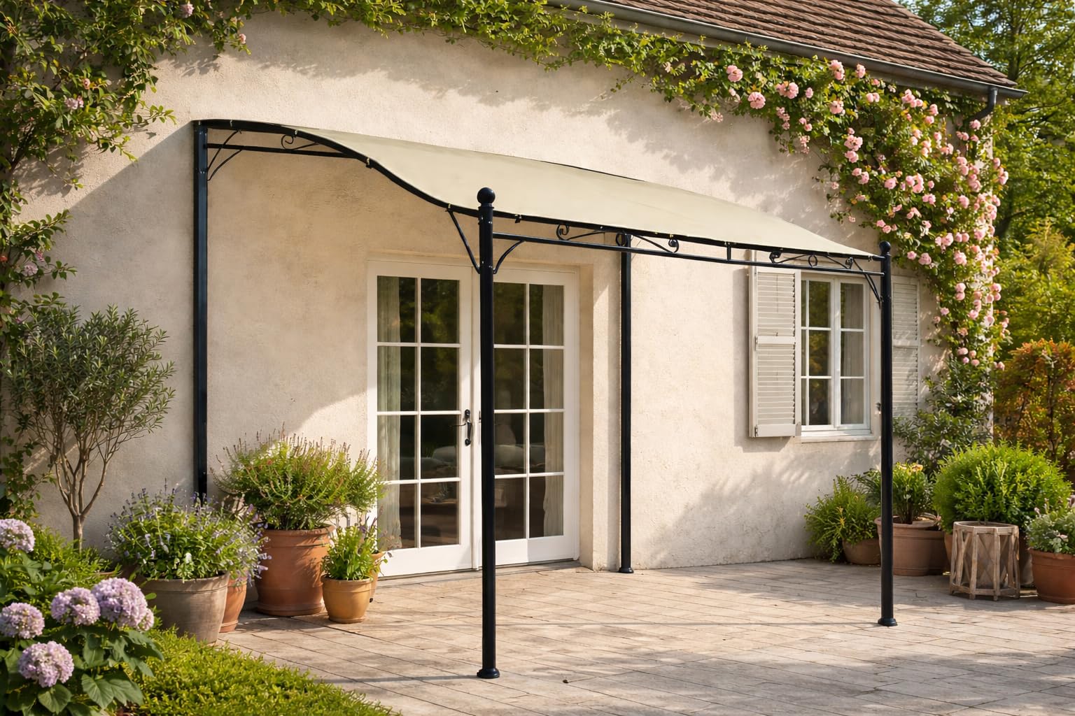 DEGAMO Anbaupavillon Mantova 300x250cm, Stahlgestell schwarz + Dach wasserdicht Ecru
