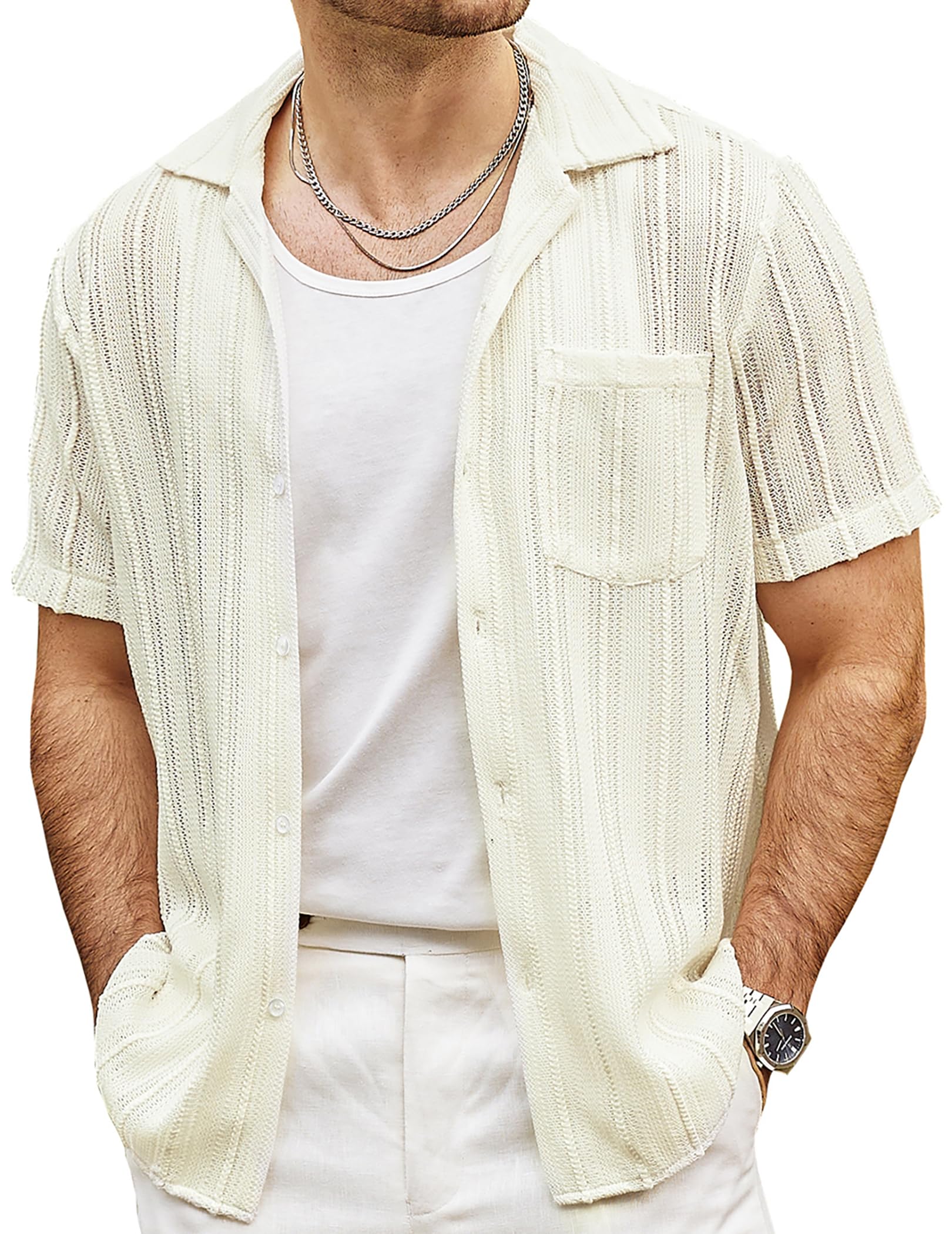 Mens Summer Lace Shirts See Through Sheer Shirts Casual Short Sleeve Button Down Beach Shirts