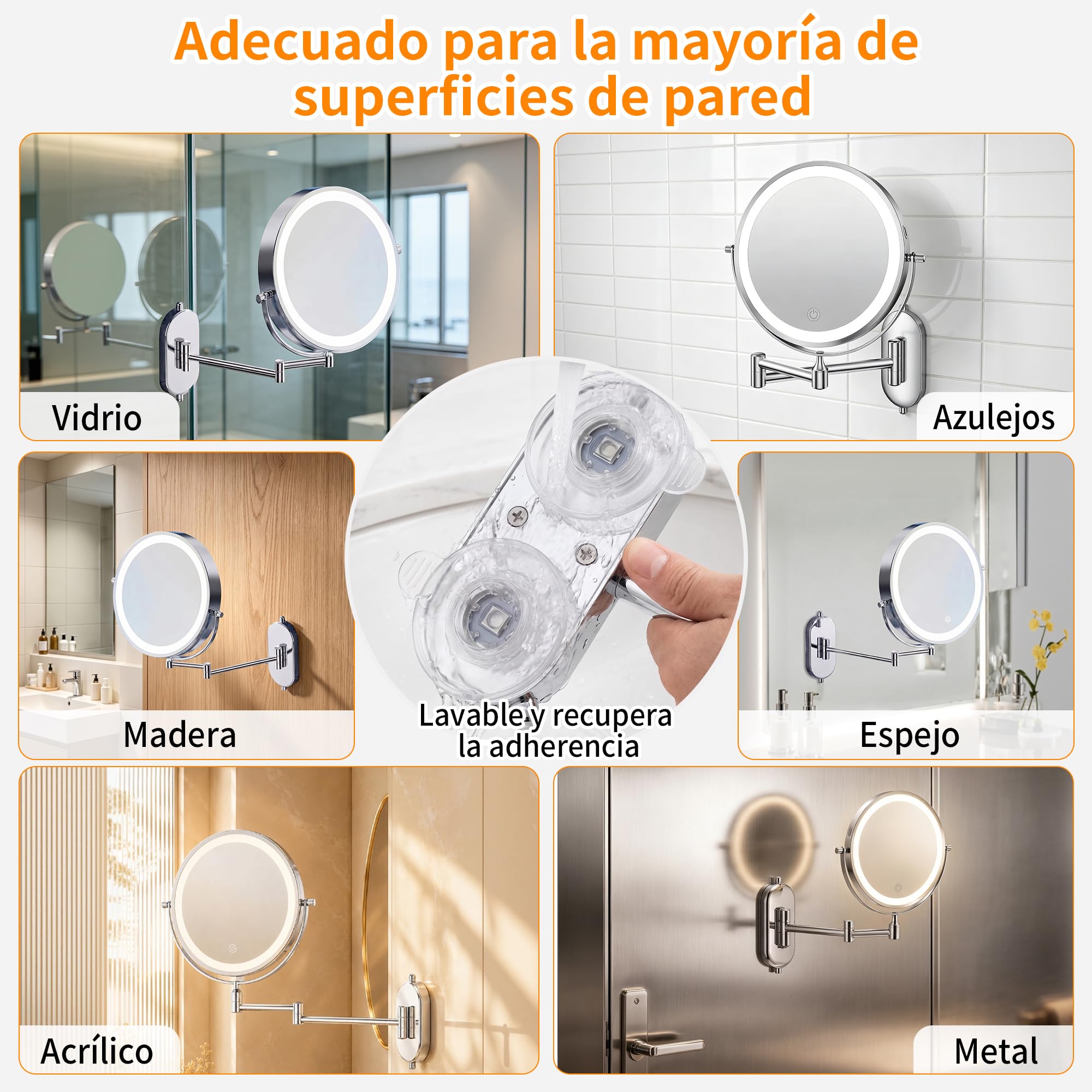 8 Pulgad Espejo Maquillaje con Luz 30X/1X – 4000mAh Espejo Aumento Baño – Aumento Recargable Doble Cara – Espejo Grande Baño Pared Brazo Extensible USB - 3 Colores Brillo Regulable para Hotel, SPA
