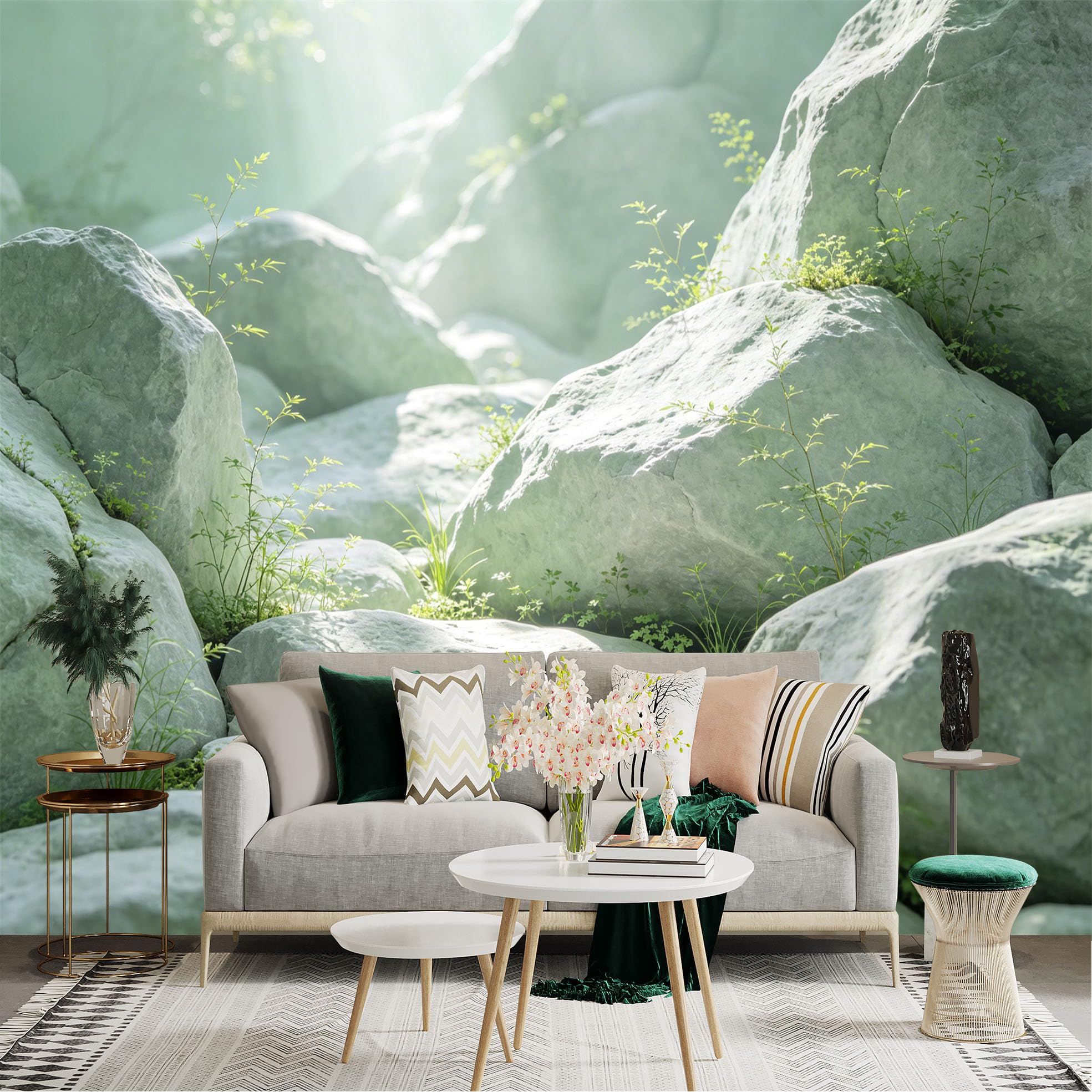 Lnzczhyre Dbh260521604 Custom Size Wall Sticker Mural， Sunlit Natural Rocks， Mossy Stone Landscape， Serene Forest Ground， Green Botanical Scenery， For Wall Decoration， Peelandstick Wall Decals.