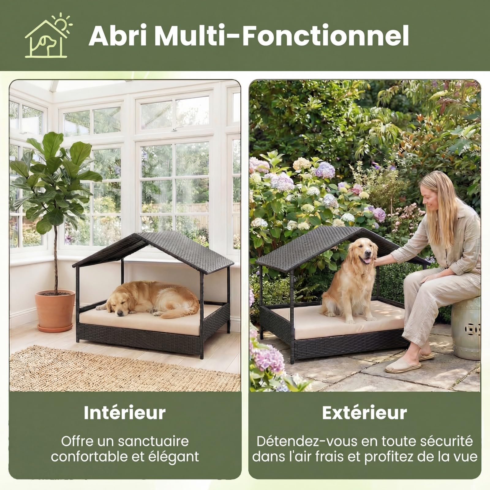 GYMAX Lit pour Chien Surélevé Extérieur avec Coussin, Panier pour Chien en Rotin PE avec Toit en Pente, Cadre en Métal Robuste, Bonne Ventilation, Abri Chiot 98 x 68 x 74 cm (Beige)