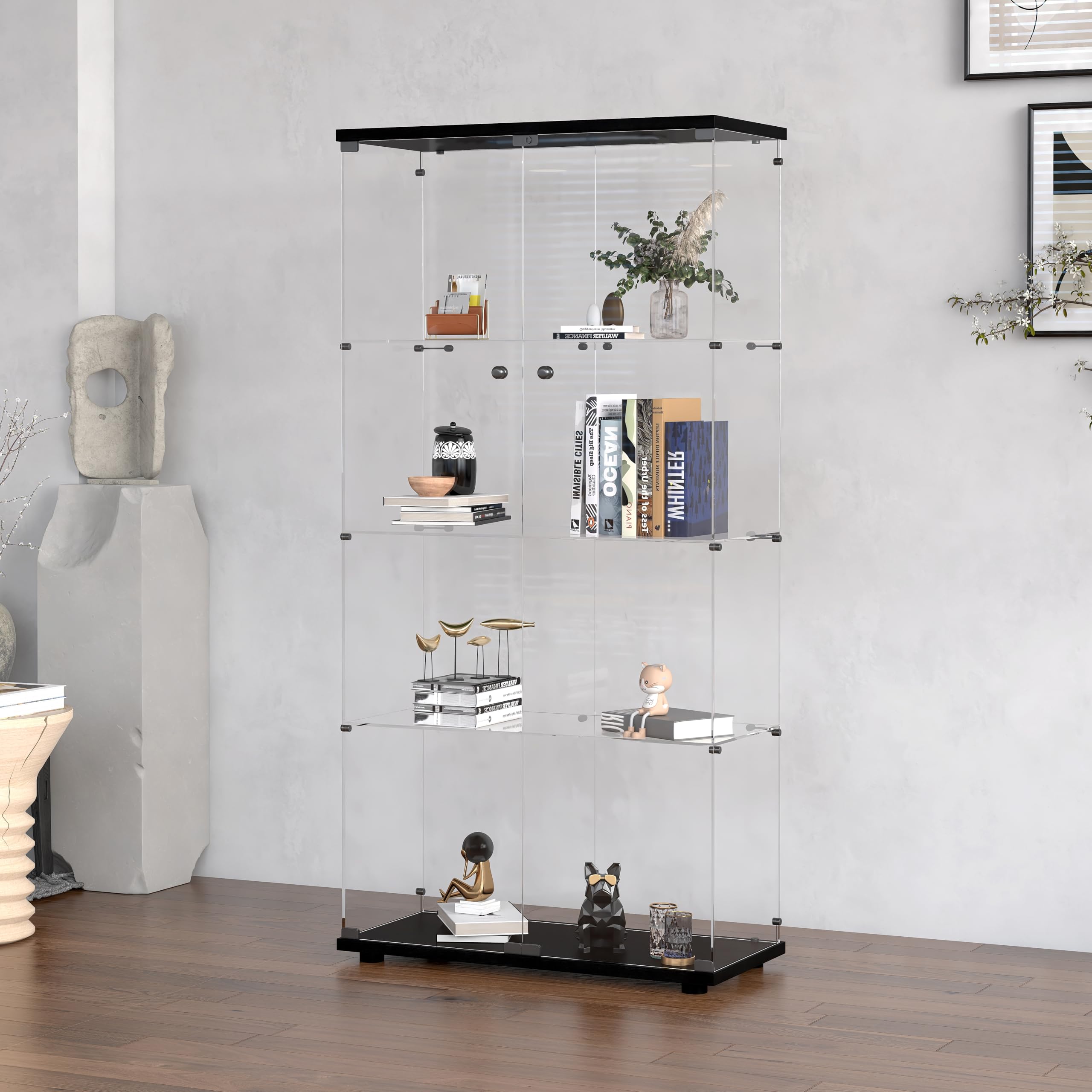 Modern 64.5'' Contemporary 4-Shelf Case Glass Display Cabinet in Clear with Two Door, Curio Cabinet Collection Display Case, Floor Standing Bookshelf for Living Room Bedroom Home Office