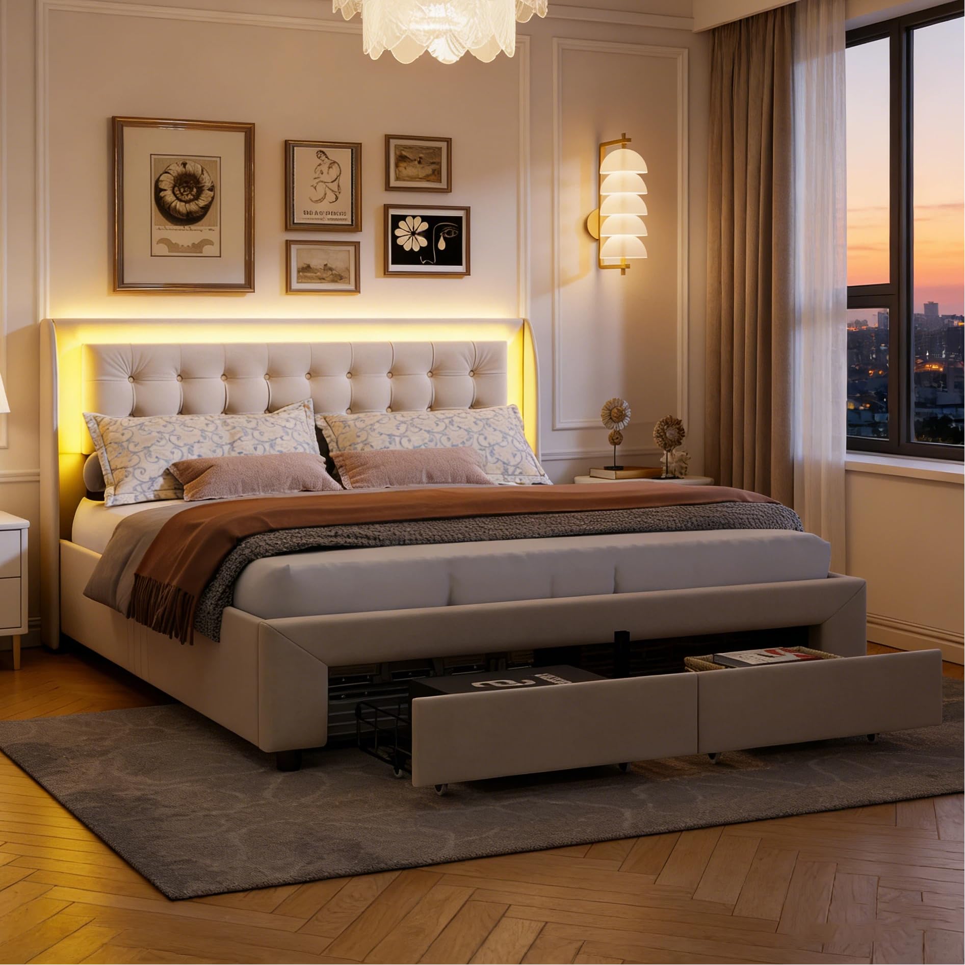 BRILVERDE Letto Imbottito 180x200 con Contenitore cassetti, Letto matrimoniale con LED, con testiera, Struttura Letto con Rete a doghe, Velluto (Beige, 180 x 200 cm)