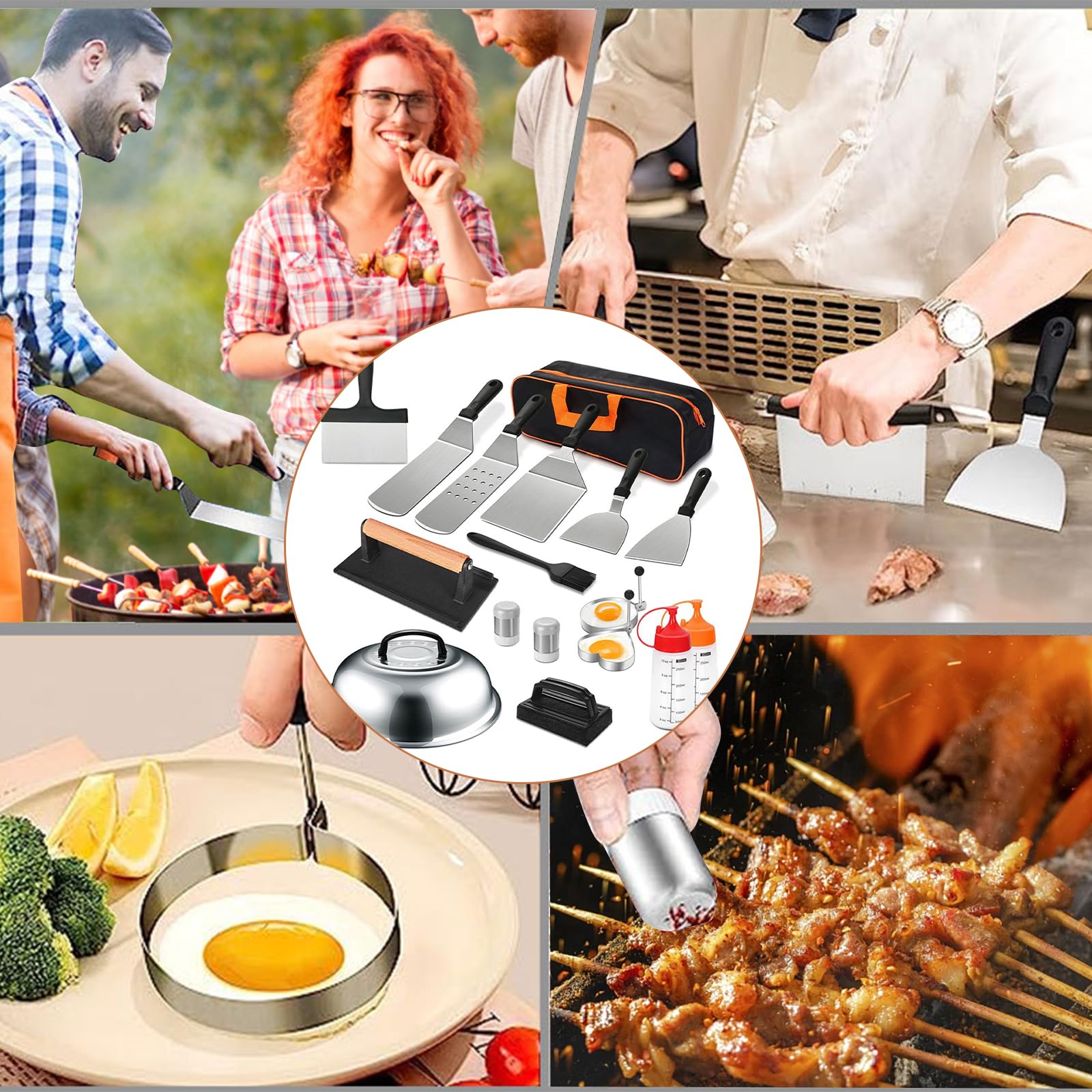Akcesoria do grilla, zestaw szpachli do grilla, zestaw BBQ ze stali nierdzewnej, 17-częściowy zestaw narzędzi Teppanyaki, sztućce do grilla z szpatułką, butelką na przyprawy, foremką do omletu,
