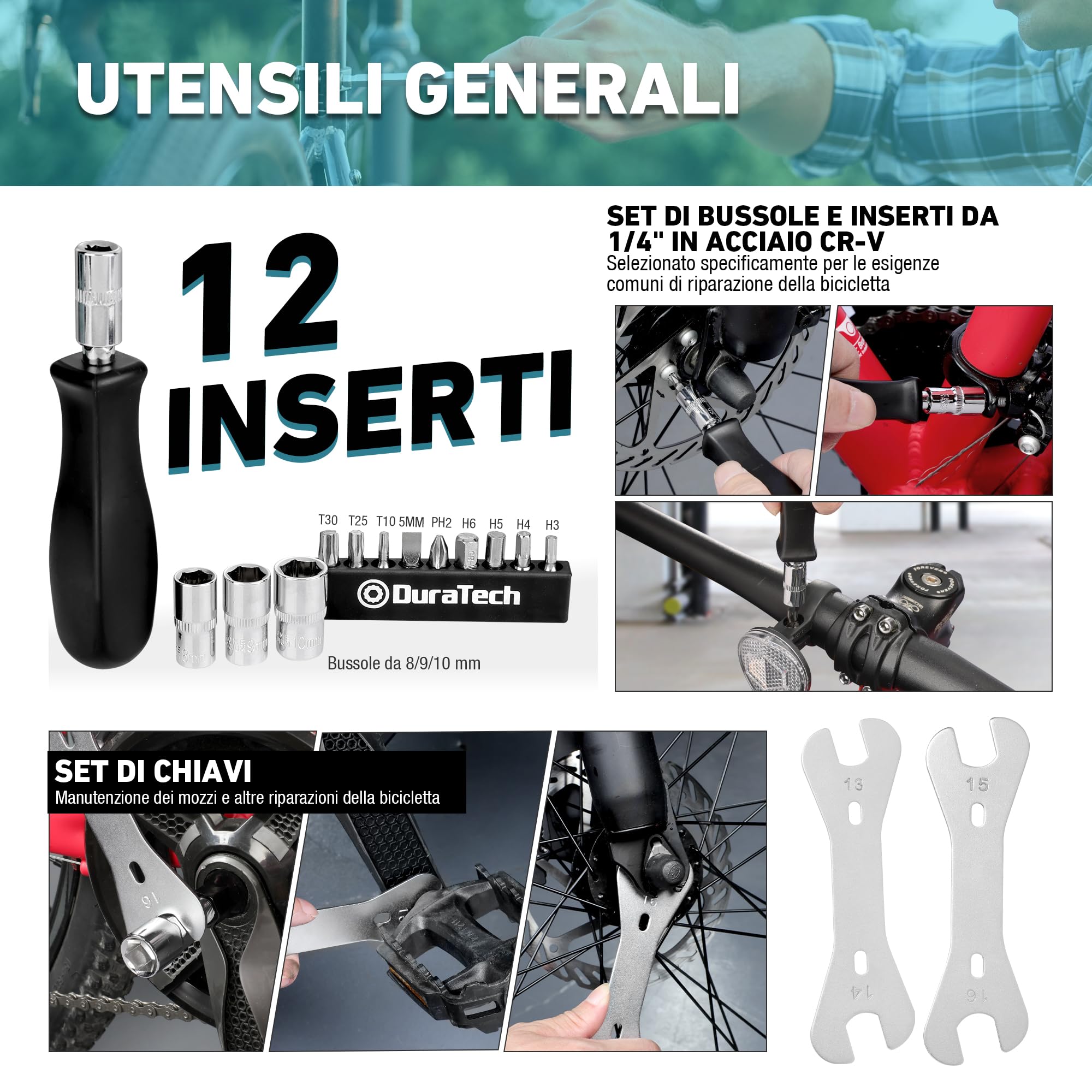DuraTech Kit Riparazione Biciclette 31 Pezzi con Custodia, Set Attrezzi Completo per Catene, Pneumatici e Manutenzione Bicicletta Domestica