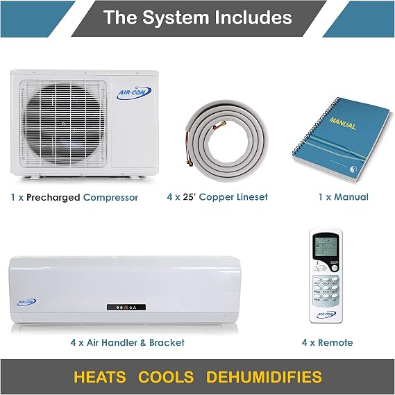 4 Zone Mini Split - 12000 + 12000 + 12000 + 12000 - Ductless Air Conditioner - Pre-Charged Quad Zone Mini Split - Four 25' Linesets - Premium Quality - USA Parts & Support