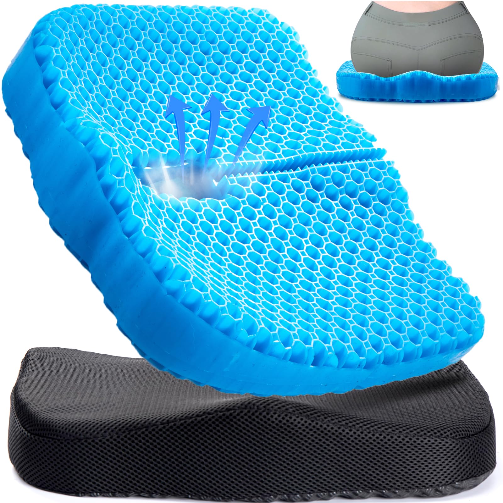 Gel Seat Cushion for Long Sitting & Hip Pain Relief (Large Size) - Cooling 3D Cushions for Office Chair, Car, Wheelchair, Breathable & Non-Slip Cover with Pressure Relief Technology