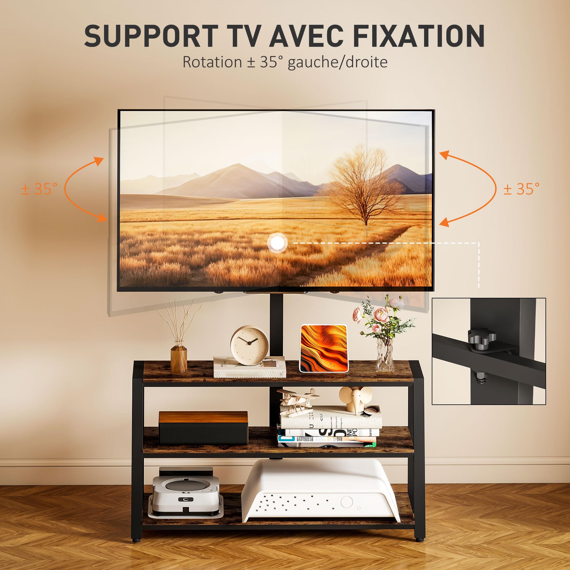 HOMCOM Meuble TV avec Support orientable 35°, Meuble télé pour téléviseurs de 32-70 Pouces, étagères Ouvertes, Banc TV Industriel pour Salon Chambre à Coucher, 108x41x135cm, Marron