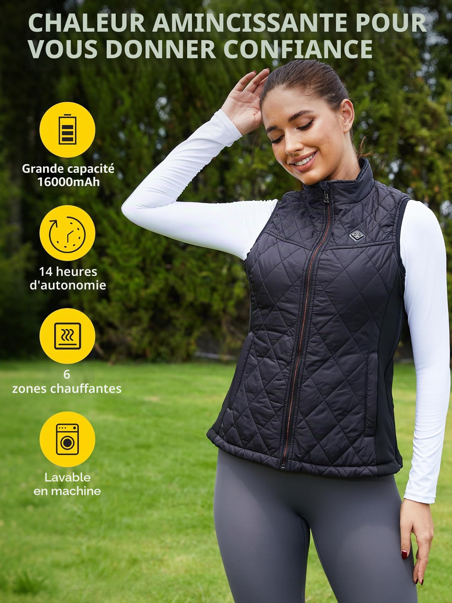 Gilet Chauffant Femme, Veste Chauffante avec 16000mAh Batterie, 6 Zones de Chauffage, 3 Niveaux de Température, Gilet Chauffant Électrique pour de Plein Air Sports Hiver, Machine Lavable