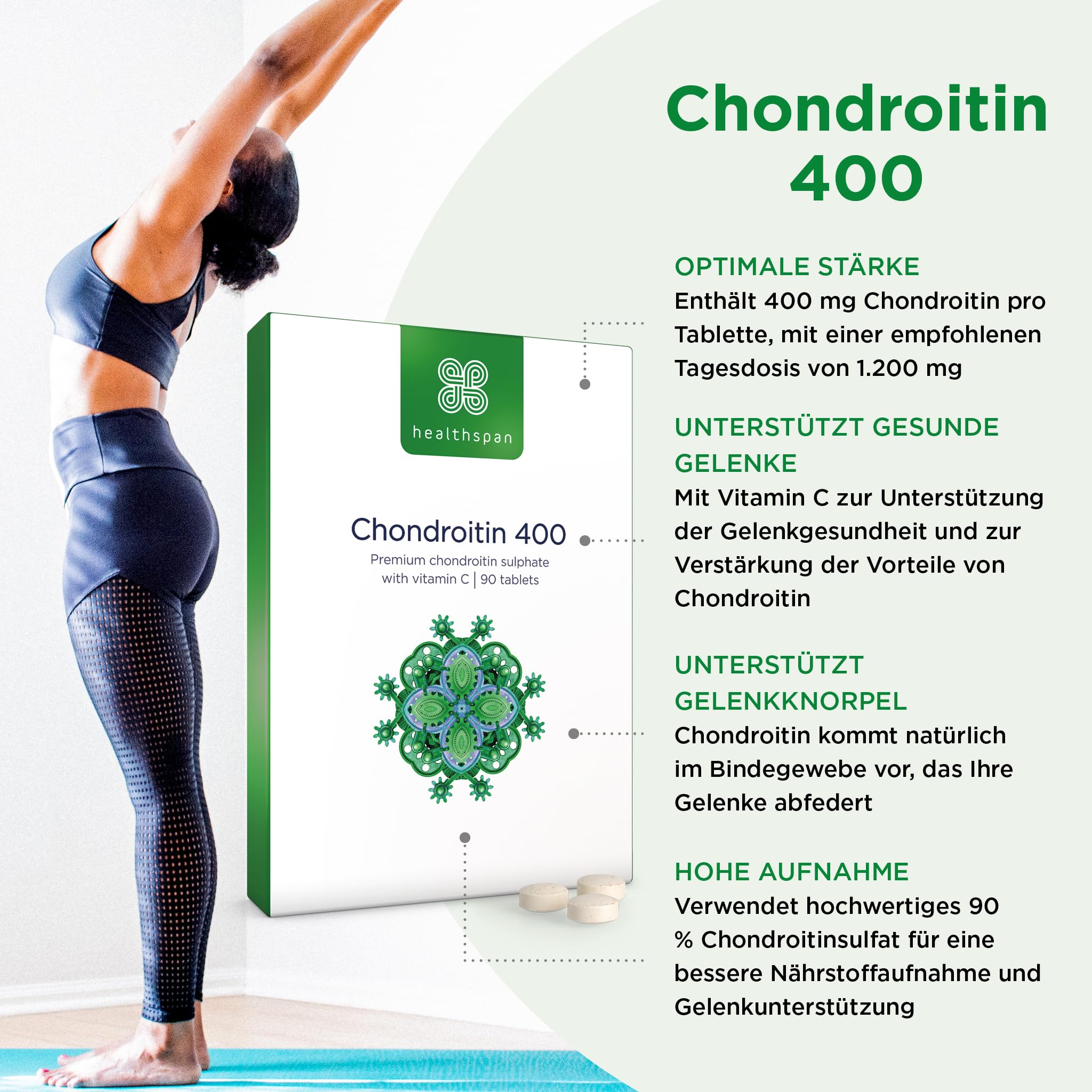 Healthspan Chondroitin | Hochwertige Formulierung mit 90% reinem Chondroitinsulfat | Unterstützt die Gelenkgesundheit mit zusätzlichem Vitamin C | Gelatinefrei | 90 Tabletten