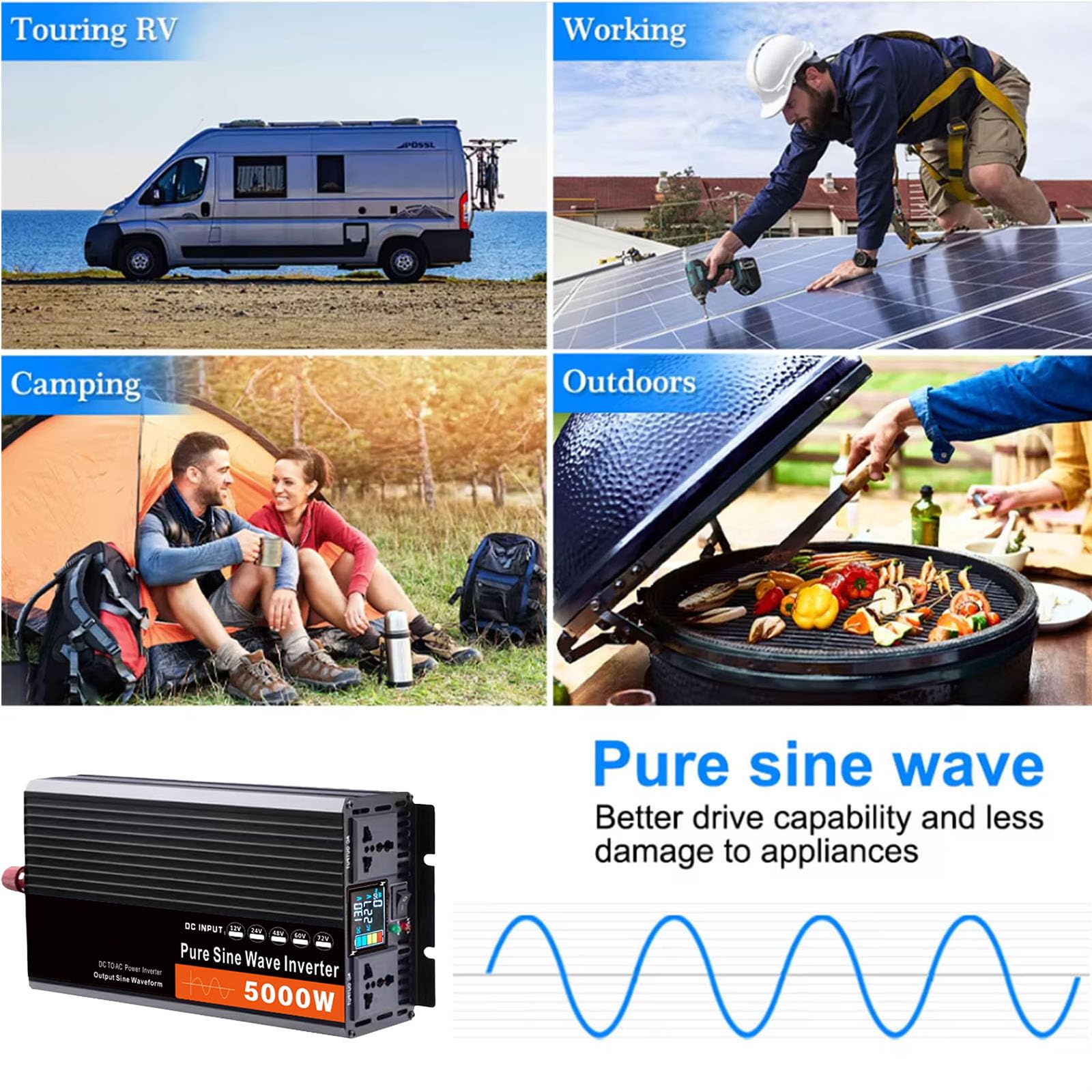 24V to 220V,Przetwornik mocy samochodowy, 5000W przetwornik mocy z czystą falą sinusoidalną z wyświetlaczem LCD, 2 gniazdka AC, DC 12V- 72V na AC 110V 220V