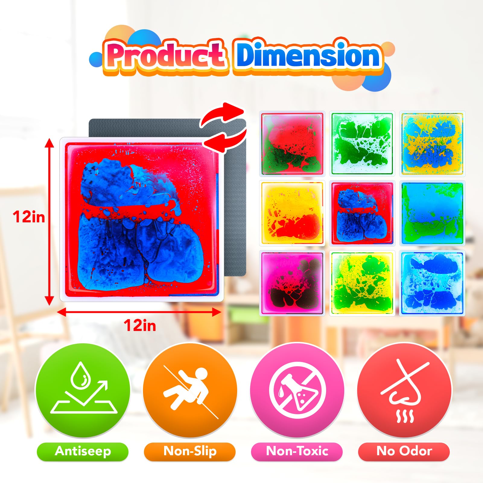 Piastrelle sensoriali per pavimento: tappetini da gioco liquidi, cuscinetti sensoriali per bambini piccoli, 9 giocattoli sensoriali per autismo, piastrelle di lava da 30,5 x 30,5 cm