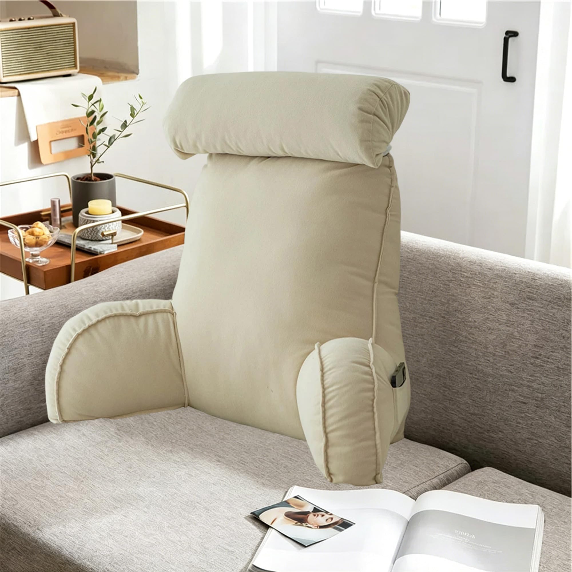 Hruile Beige Large Backrest Pillow For Bed, Reading Pillow For Sitting In Couch Adult, Back Lumbar Support Cushion, Cuddle Cushion With Detachable Neck Roll & Support Arm (75×40×55Cm,)