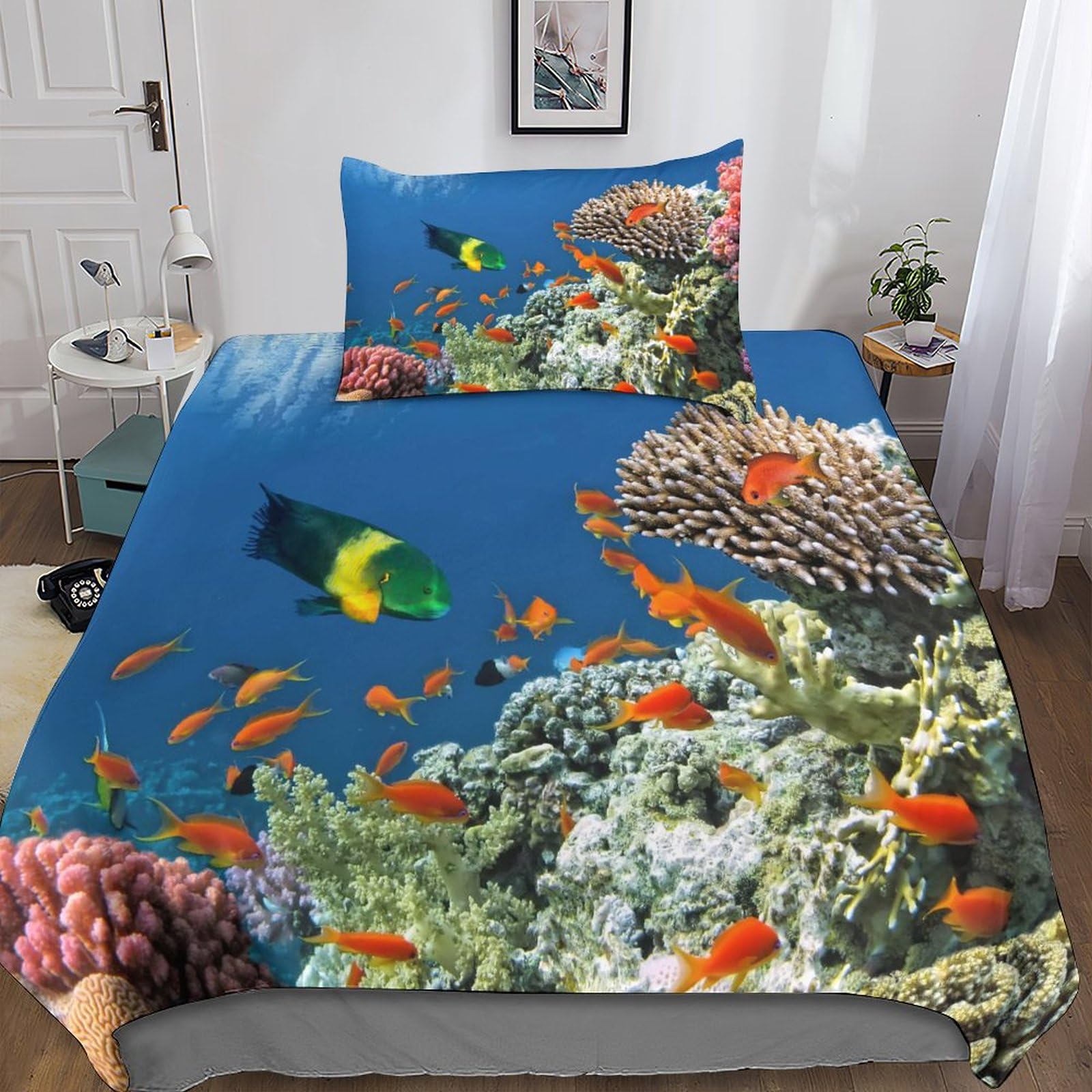 Housse de couette océan 135x200 cm en microfibres 3D avec sa taie d'oreiller