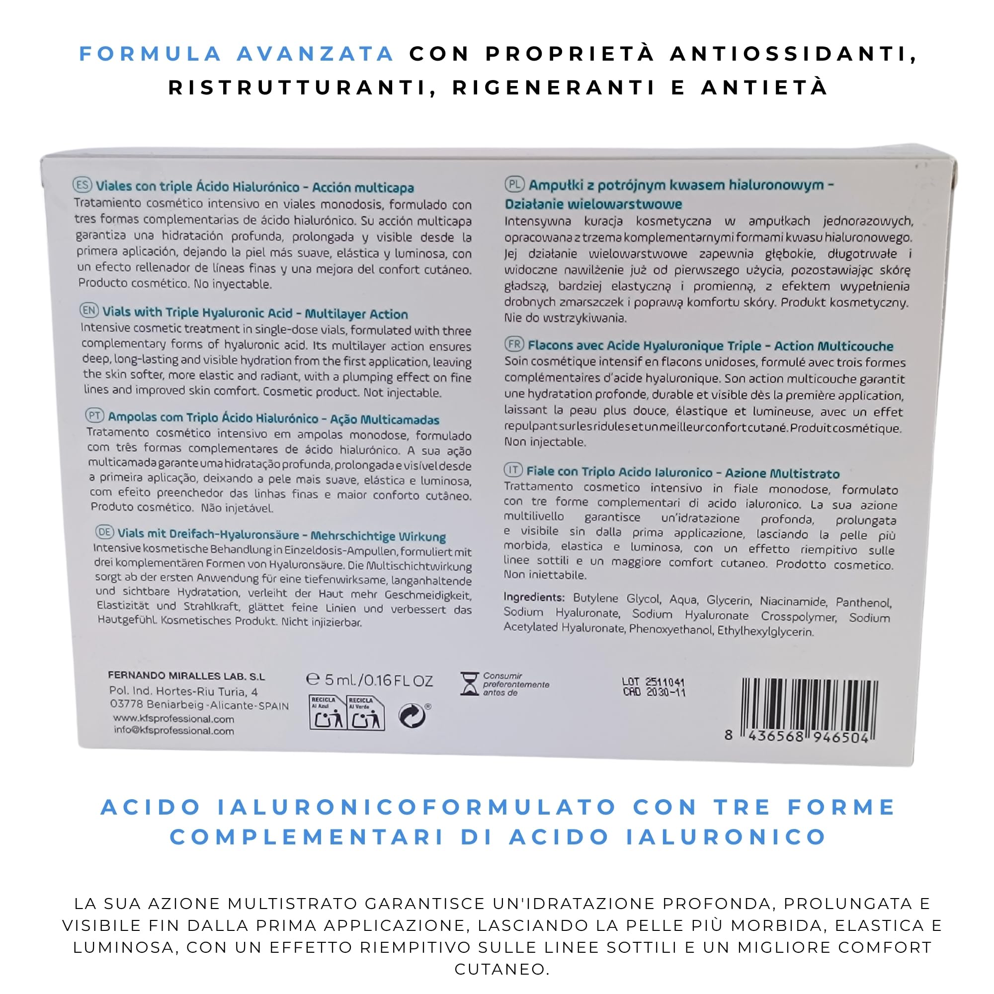 KFS triplo Siero Acido Ialuronico Viso 10 x 5ml – Effetto Lifting Immediato – Filler viso azione multilivello Antiage e Idratanti B5-B3. Microneedling, Dermapen derma roller | Non iniettabile | Effetto Lifting Immediato. Filler Viso Azione multilivello An