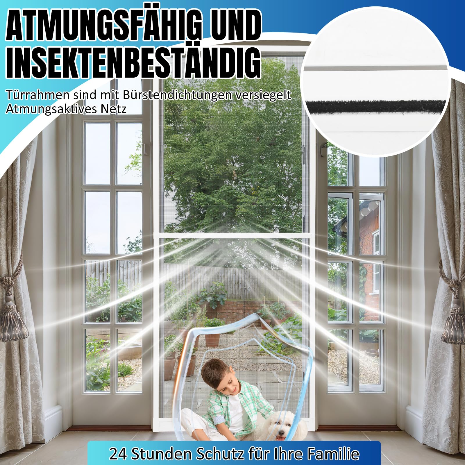 𝗝𝗮𝘅𝗴𝘂𝗼𝗺 Fliegengitter Tür Balkontür 120x240 cm, Insektenschutz Tür mit Alurahmen zur Schraubmontage, zuschneidbar, weiß, mit Bürstendichtung & Magnetverschluss für Terrasse