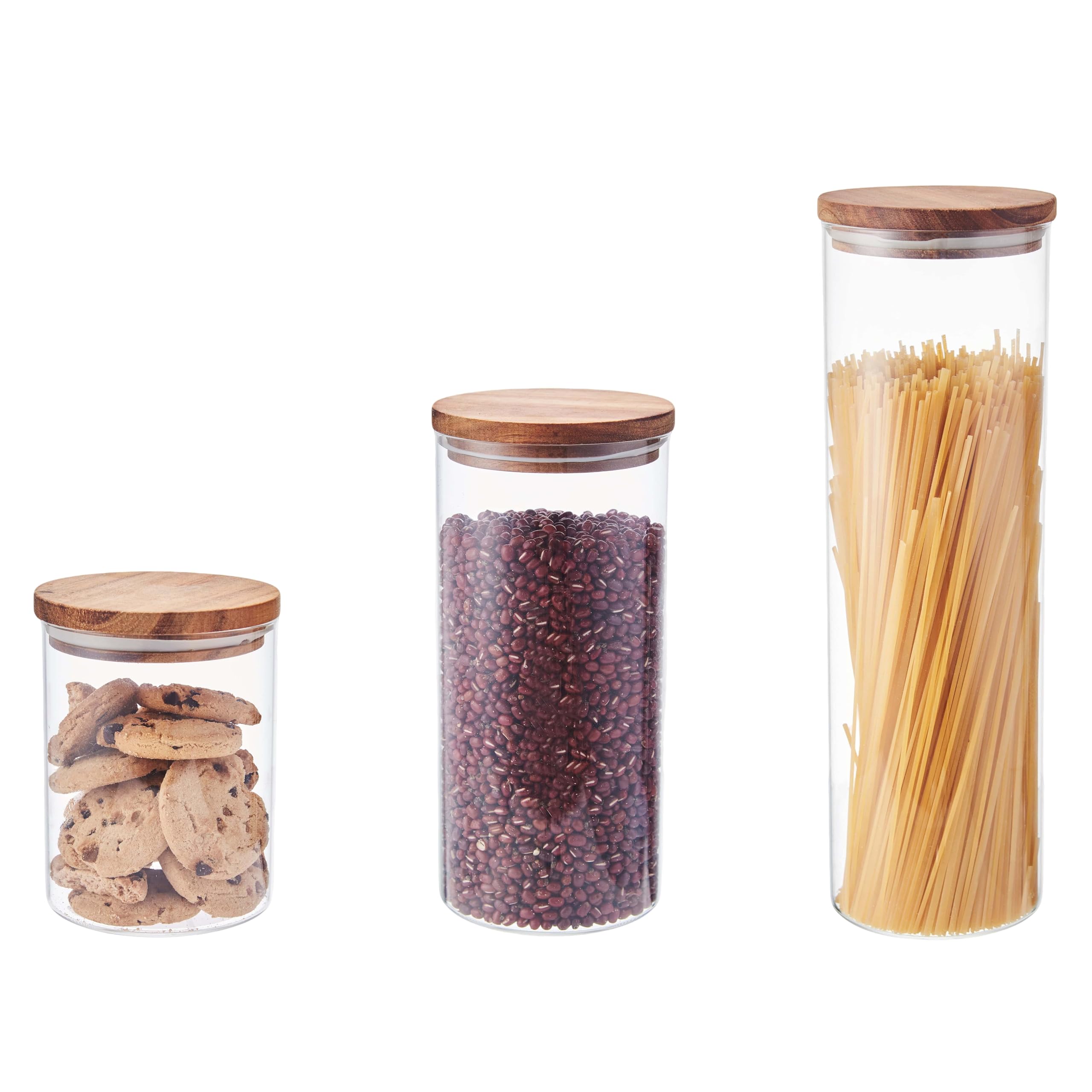 Eden & Willow Transparent Glass Kitchen Storage Canister Jars With Airtight Acacia Wooden Lids (Pack Of 3 Jars), Borosilicate Glass Food Storage Containers For Kitchen Pantry Organisation (3, Pack Of 3 - 0.8L, 1.4L, 2L)