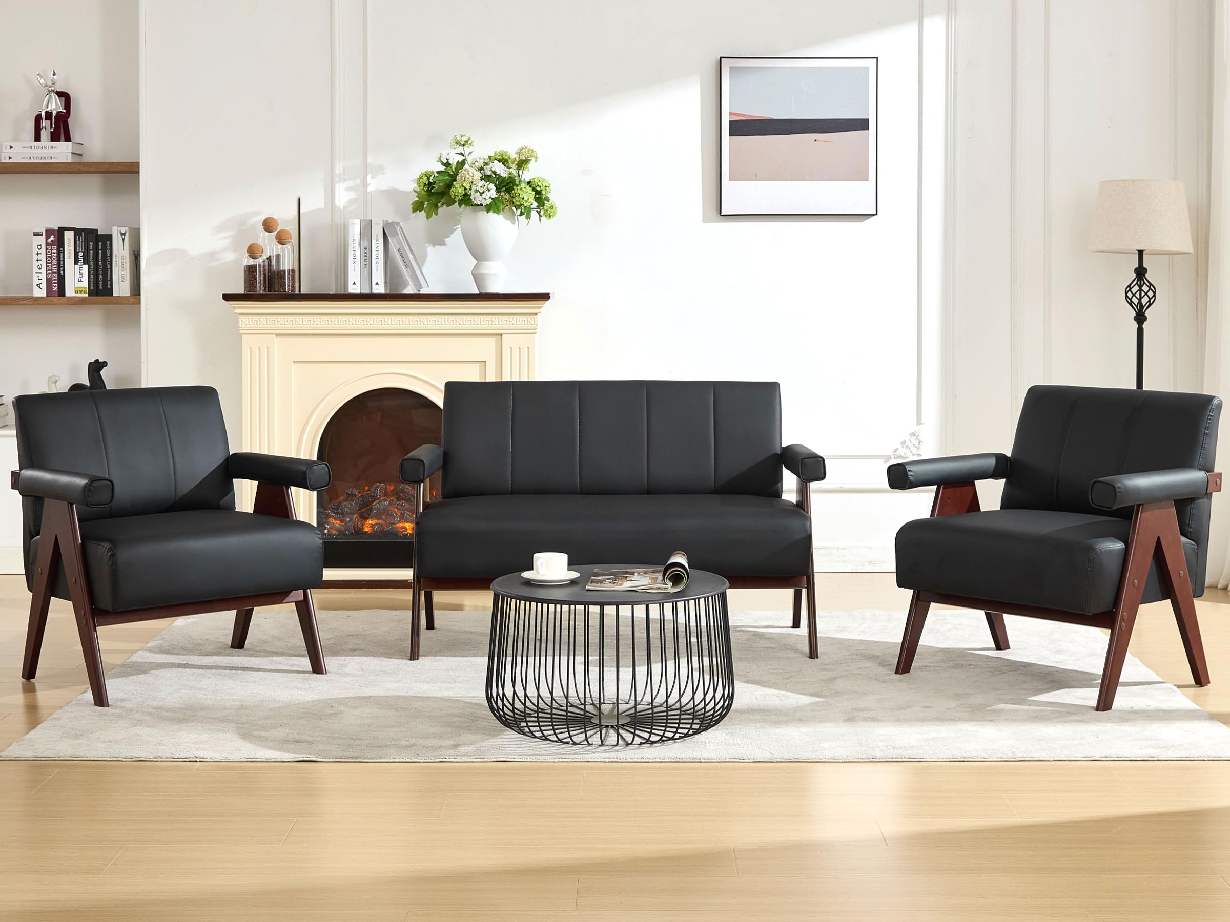 STHOUYN Black Leather Loveseat Sofa and Accent Chairs Set of 2 Mid-Century Modern Office Furniture Couch and Chair