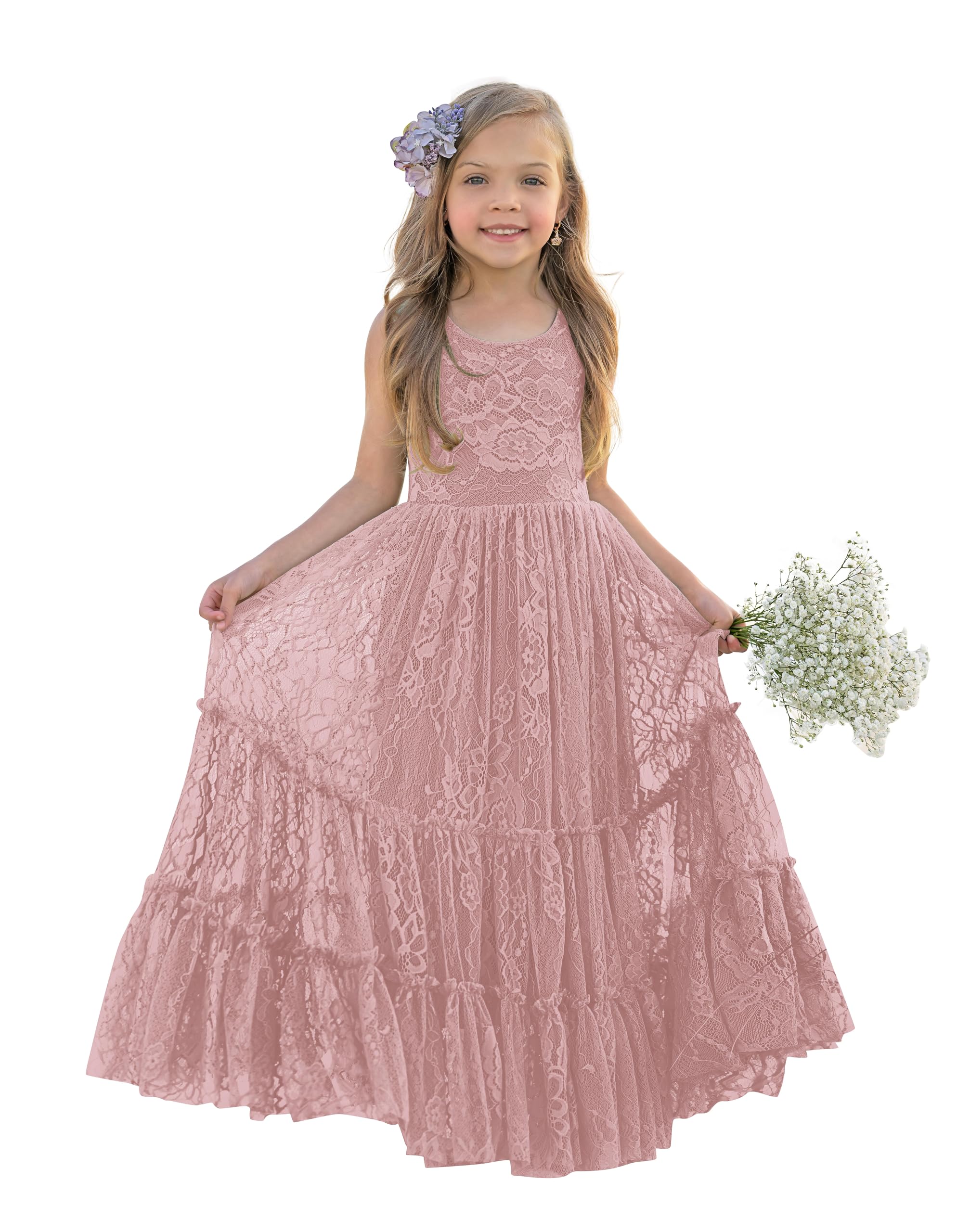 LalaMira Flower Girl Dress Lace Boho Toddler Dresses Ruffle Girl Dress for Wedding Garden Party Holiday Communion Sleeveless Dusty Rose-12 Months
