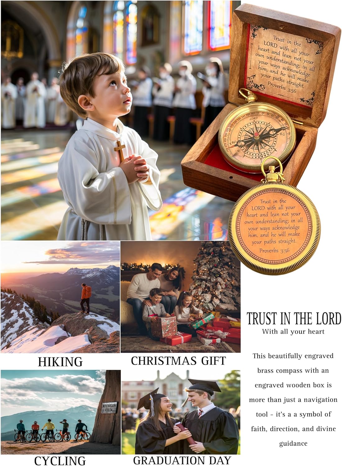 Trust in The Lord with All Your Heart - Proverbs 3:5-6 Quote Engraved Compass with Wooden Box, Baptism Religious Gift for Men, Unique Christian Gift - Image 3