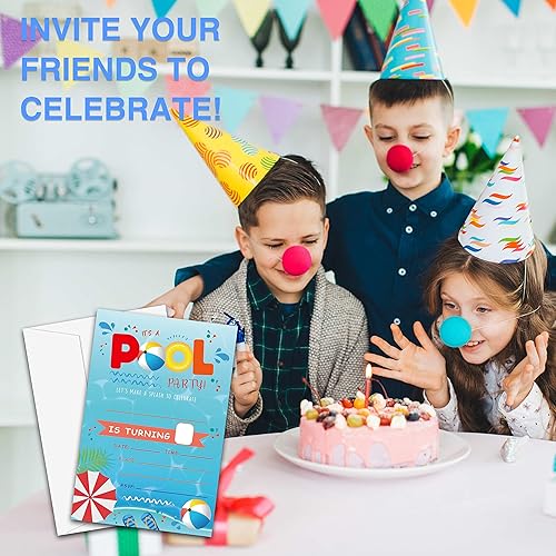 Miniatura 5 de Invitaciones de cumpleaños para piscina, 20 invitaciones de fiesta de cumpleaños de verano con sobres, decoraciones y suministros de fiesta de
